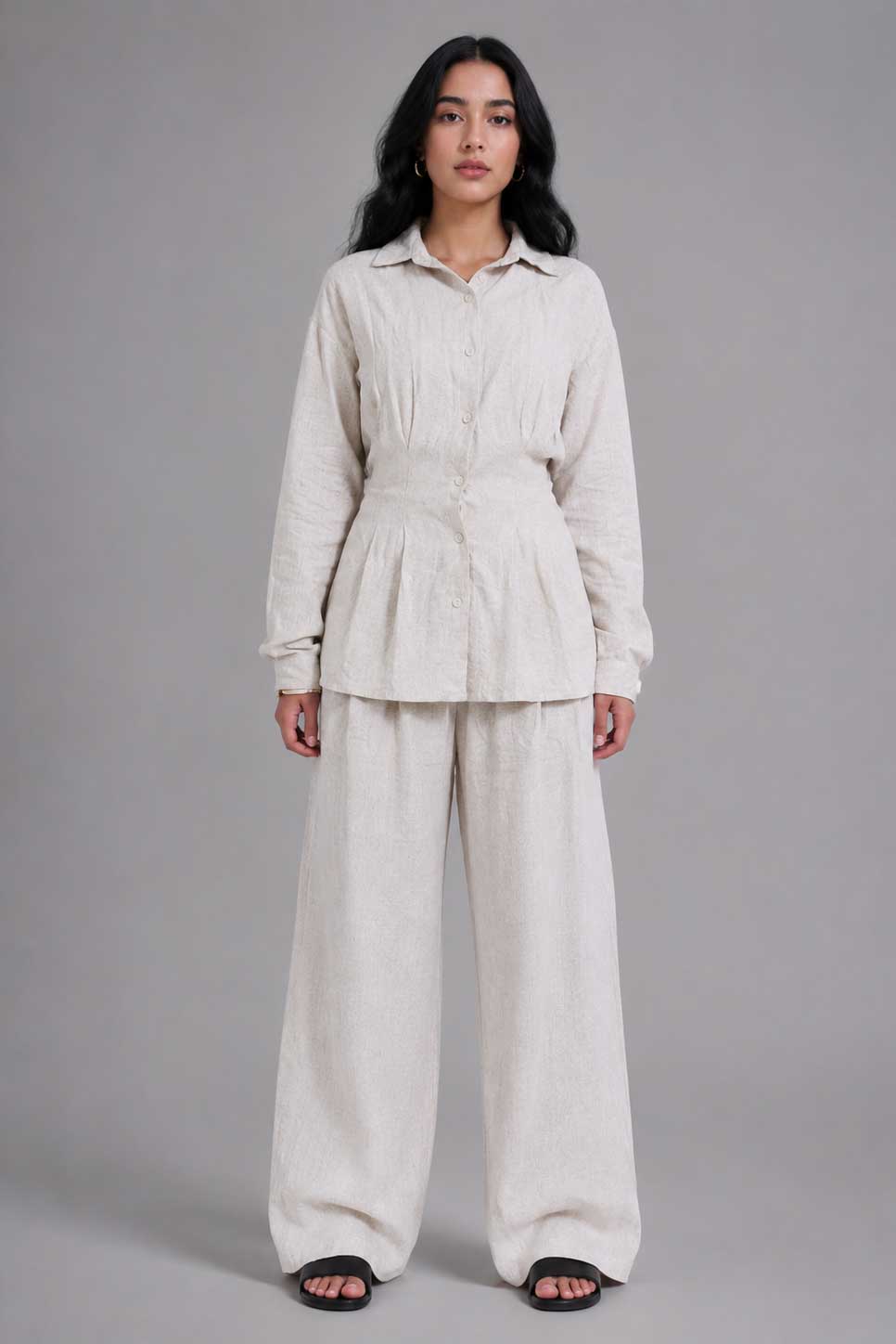 Linen Pleated Blouse with Back Tie – Natural Beige