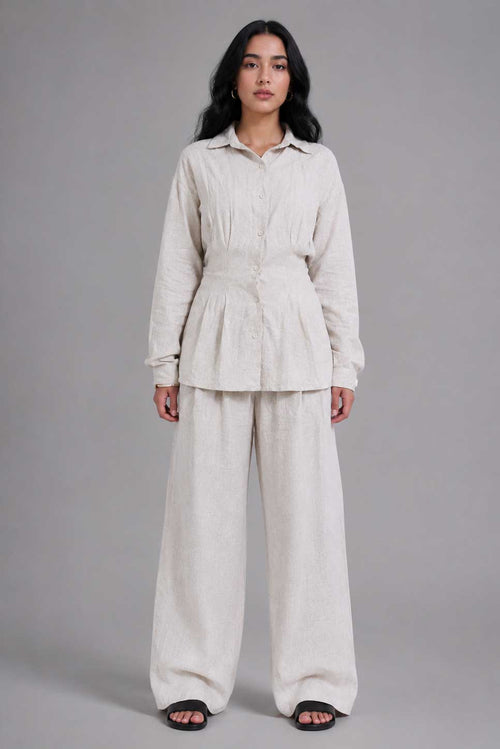 Linen Pleated Blouse with Back Tie – Natural Beige blouse CIZARO - Cizaro Jeans