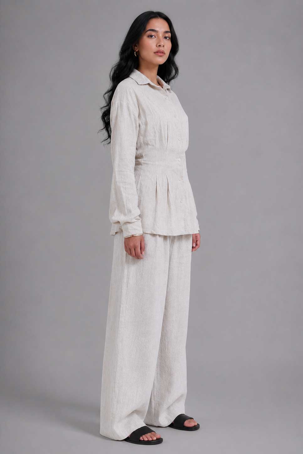 Linen Pleated Blouse with Back Tie – Natural Beige