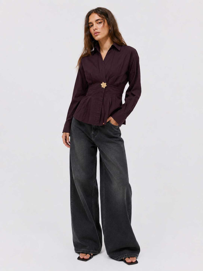Pleated Waist Linen Blouse – Burgundy Blouse CIZARO - Cizaro Jeans