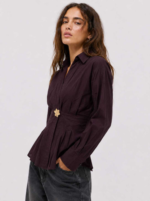 Pleated Waist Linen Blouse – Burgundy