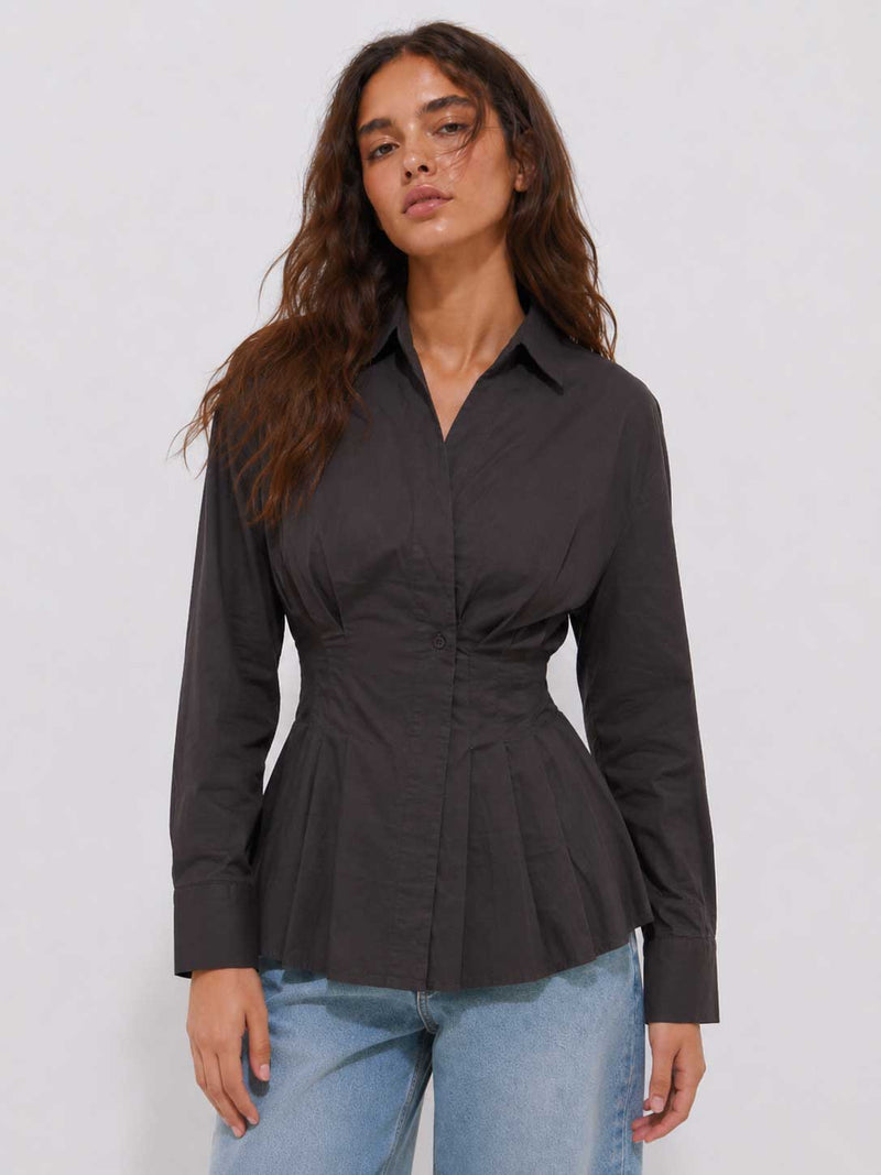 Pleated Waist Linen Blouse – Dark Chocolate Blouse CIZARO - Cizaro Jeans