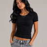 Double-Layer Fitted Short Sleeve U-Neck Top – Black