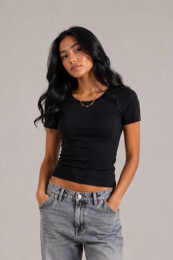 Double-Layer Fitted Short Sleeve U-Neck Top – Black T-shirt CIZARO - Cizaro Jeans