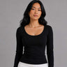 Double-Layer Fitted Long Sleeve U-Neck Top – Black