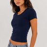 Double-Layer Fitted Short Sleeve U-Neck Top – Navy Blue