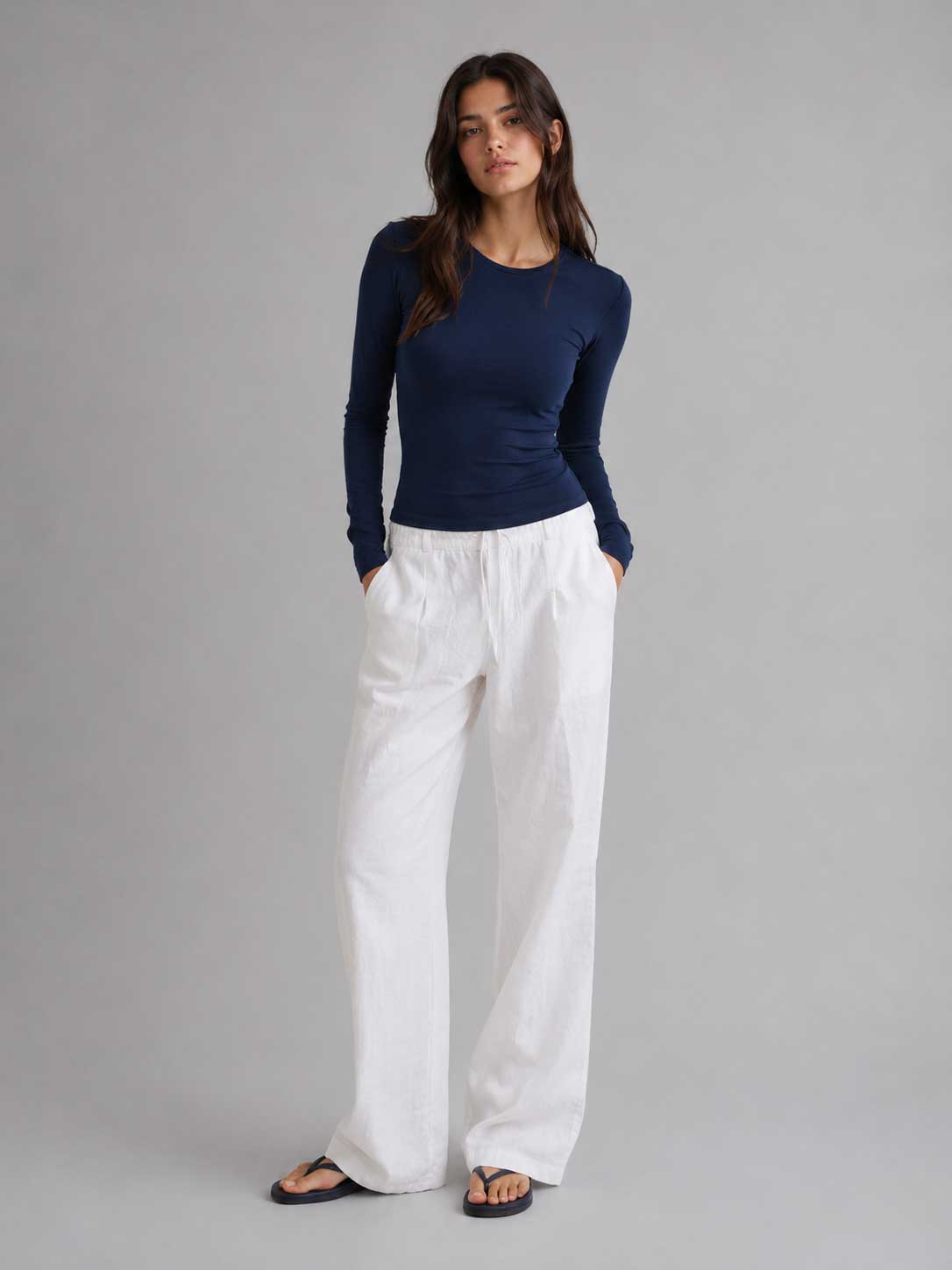 Double-Layer Fitted Long Sleeve Crew Neck Top – Navy
