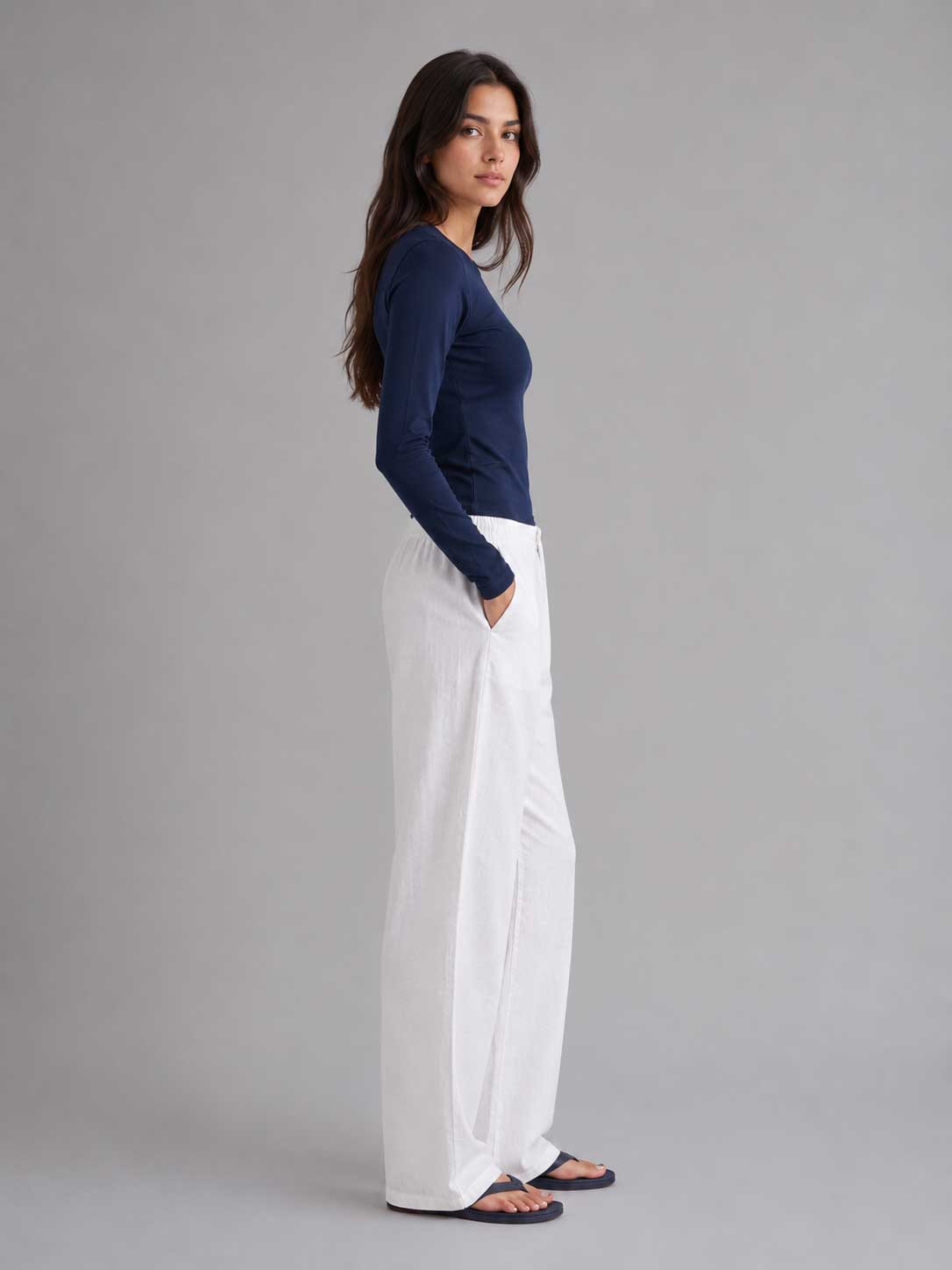 Double-Layer Fitted Long Sleeve Crew Neck Top – Navy