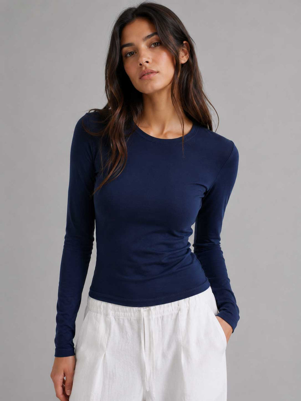 Double-Layer Fitted Long Sleeve Crew Neck Top – Navy