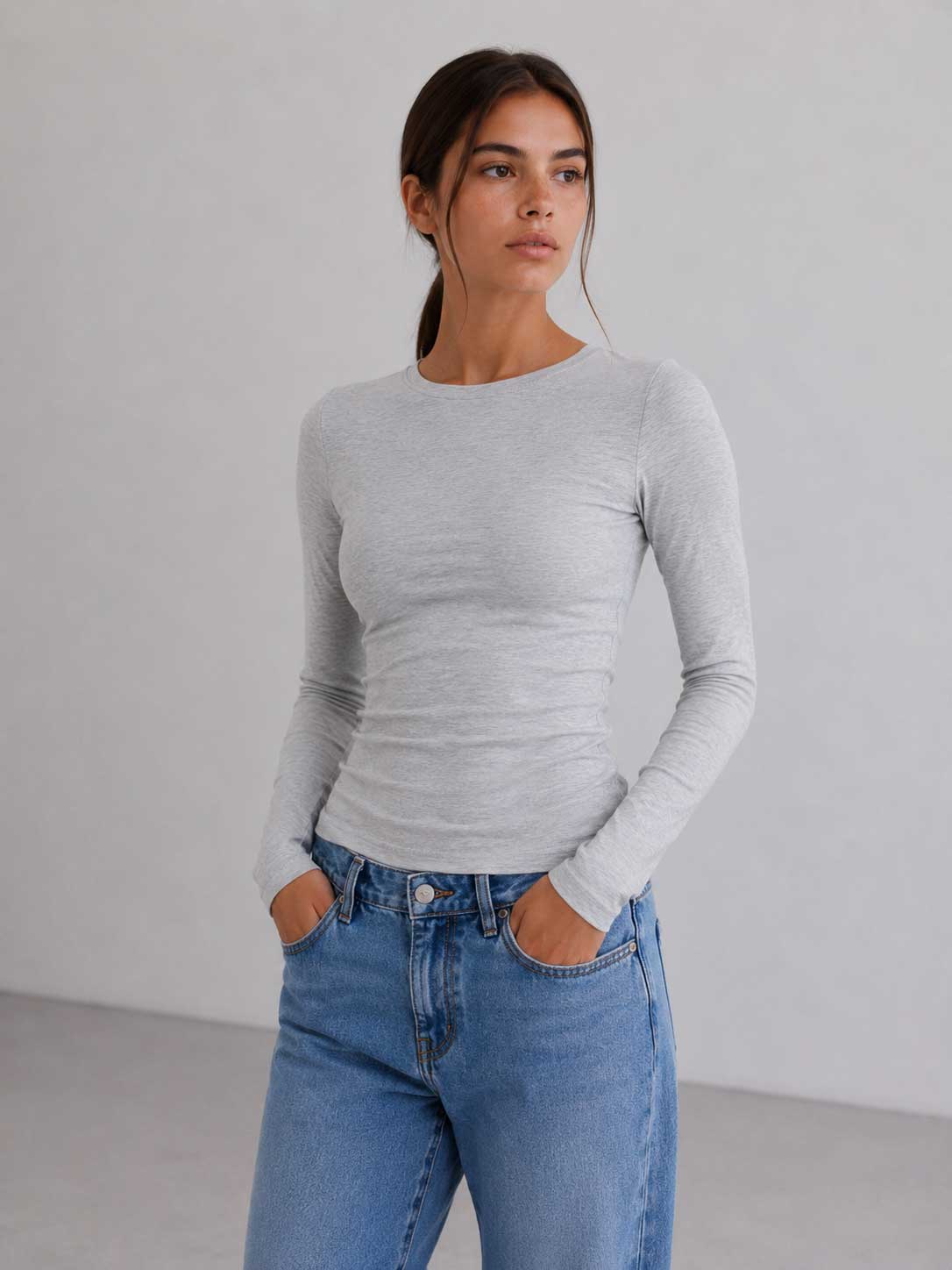 Double-Layer Fitted long Sleeve Crew neck Top _ Gray Basic Top CIZARO - Cizaro Jeans
