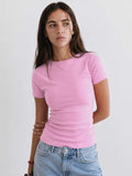 Double-Layer Fitted Short Sleeve Crew-Neck Top – Pink