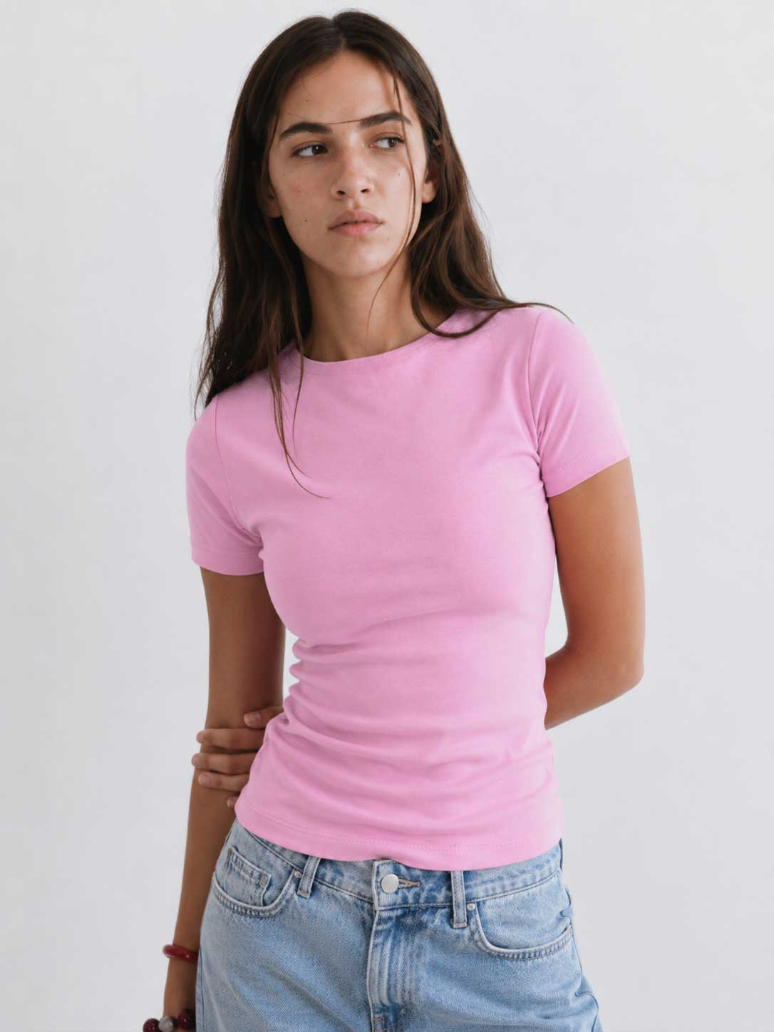Double-Layer Fitted Short Sleeve Crew-Neck Top – Pink Top CIZARO - Cizaro Jeans