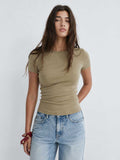 Double-Layer Fitted Short Sleeve Crew-Neck Top – Stone