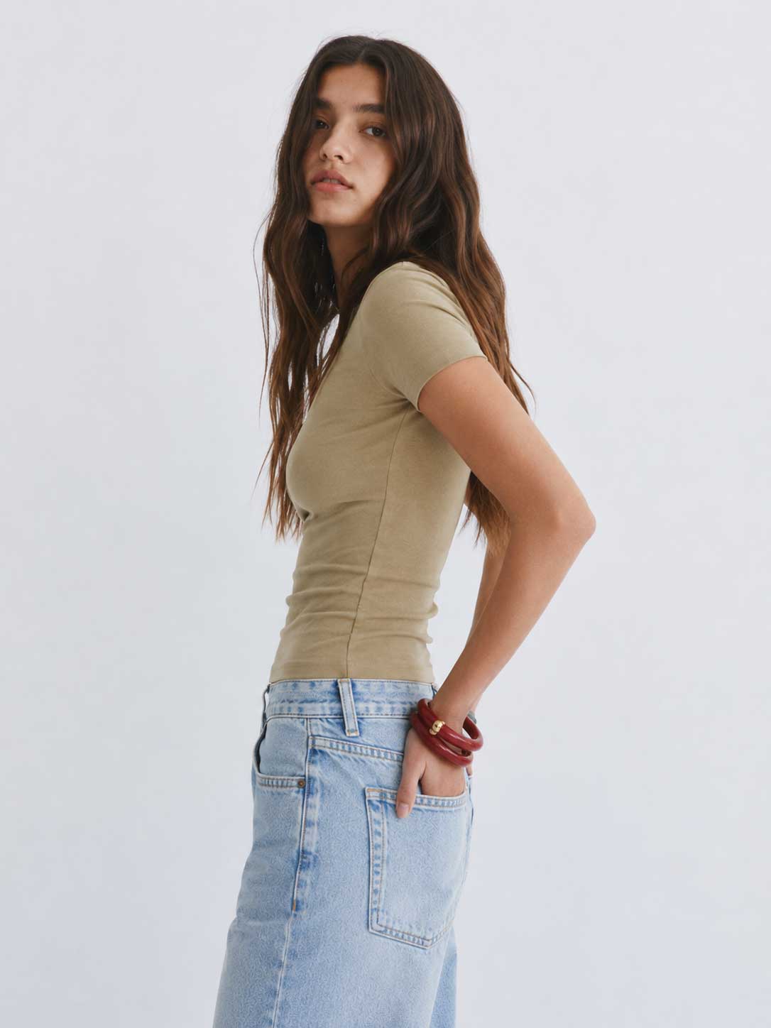 Double-Layer Fitted Short Sleeve Crew-Neck Top – Stone Top CIZARO - Cizaro Jeans