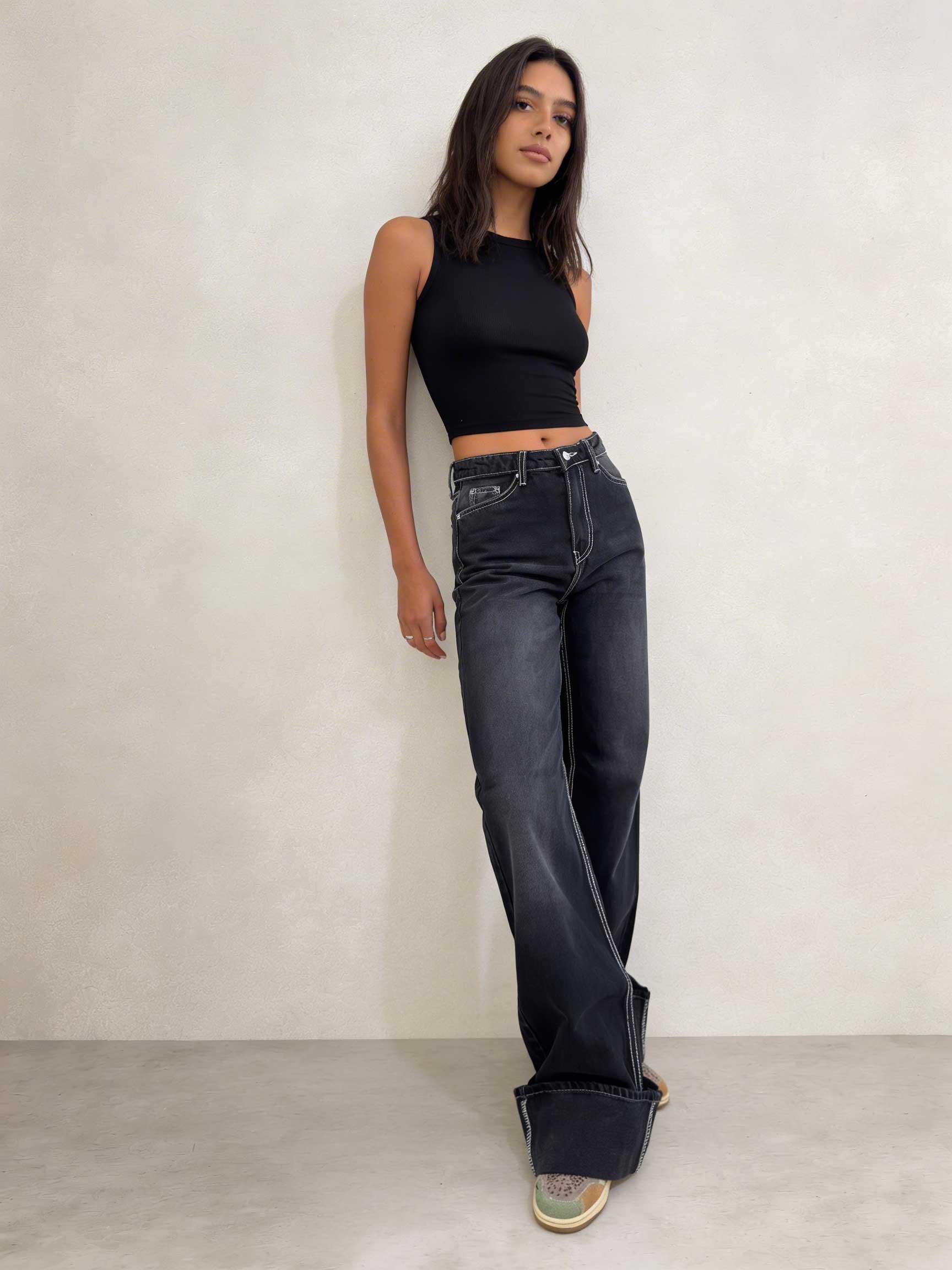 Baggy – High-Waist Black Raw Denim Jeans Baggy CIZARO - Cizaro Jeans