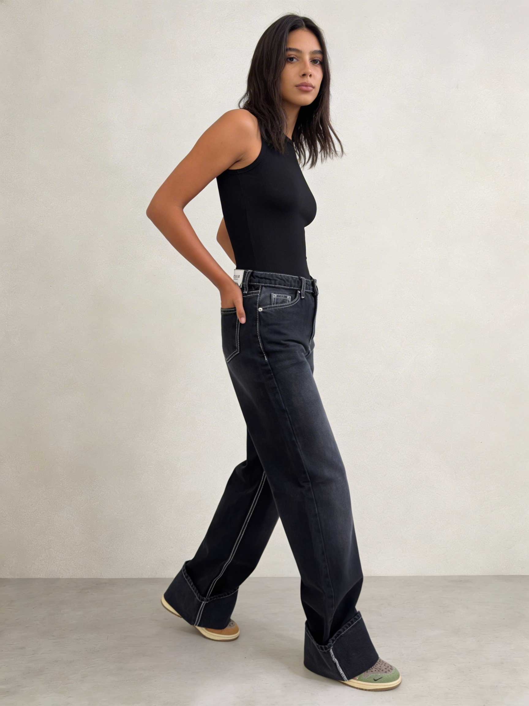 Baggy – High-Waist Black Raw Denim Jeans Baggy CIZARO - Cizaro Jeans