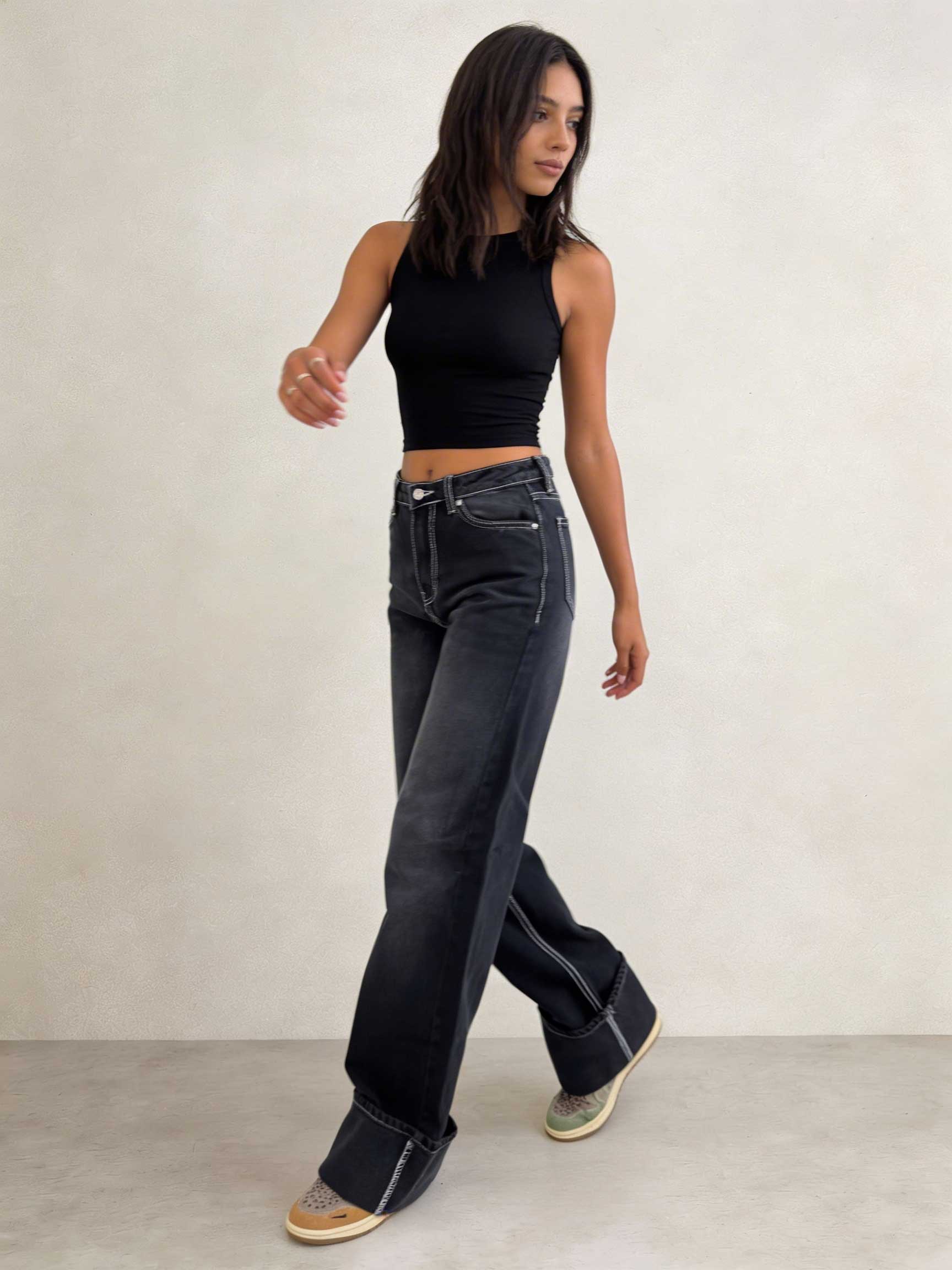 Baggy – High-Waist Black Raw Denim Jeans Baggy CIZARO - Cizaro Jeans