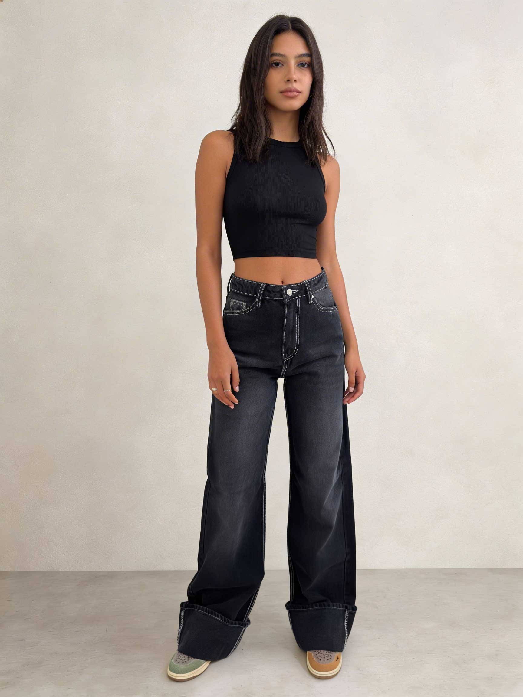 Baggy – High-Waist Black Raw Denim Jeans Baggy CIZARO - Cizaro Jeans