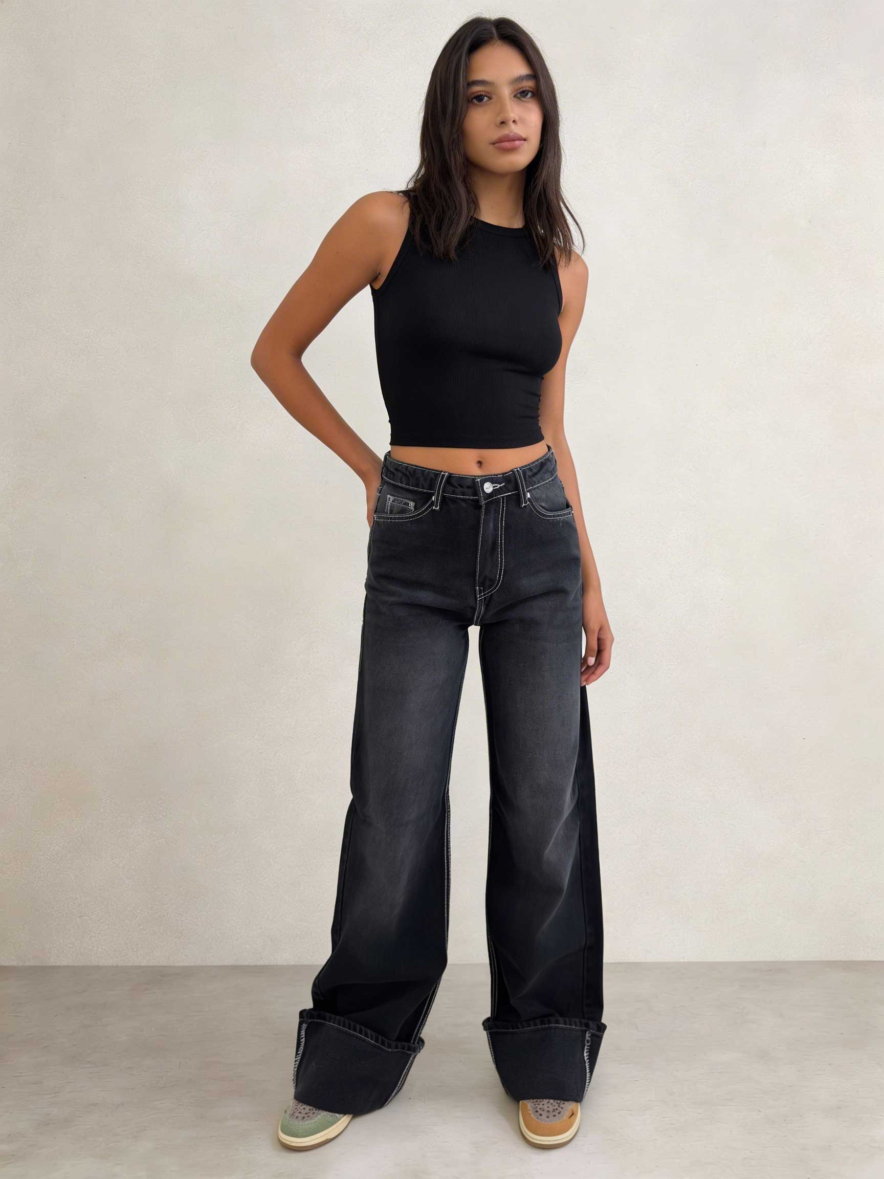 Baggy – High-Waist Black Raw Denim Jeans Baggy CIZARO - Cizaro Jeans