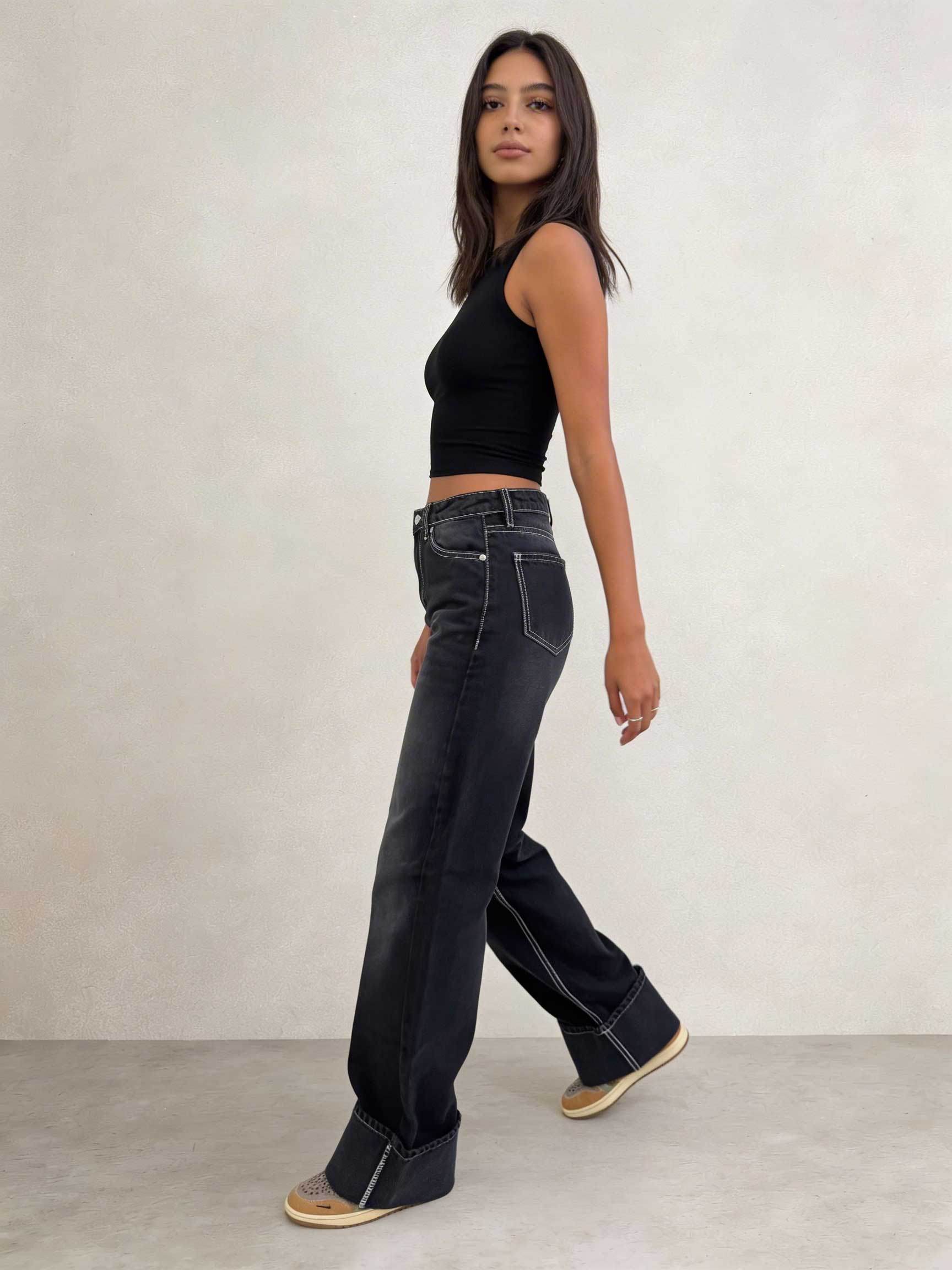 Baggy – High-Waist Black Raw Denim Jeans Baggy CIZARO - Cizaro Jeans