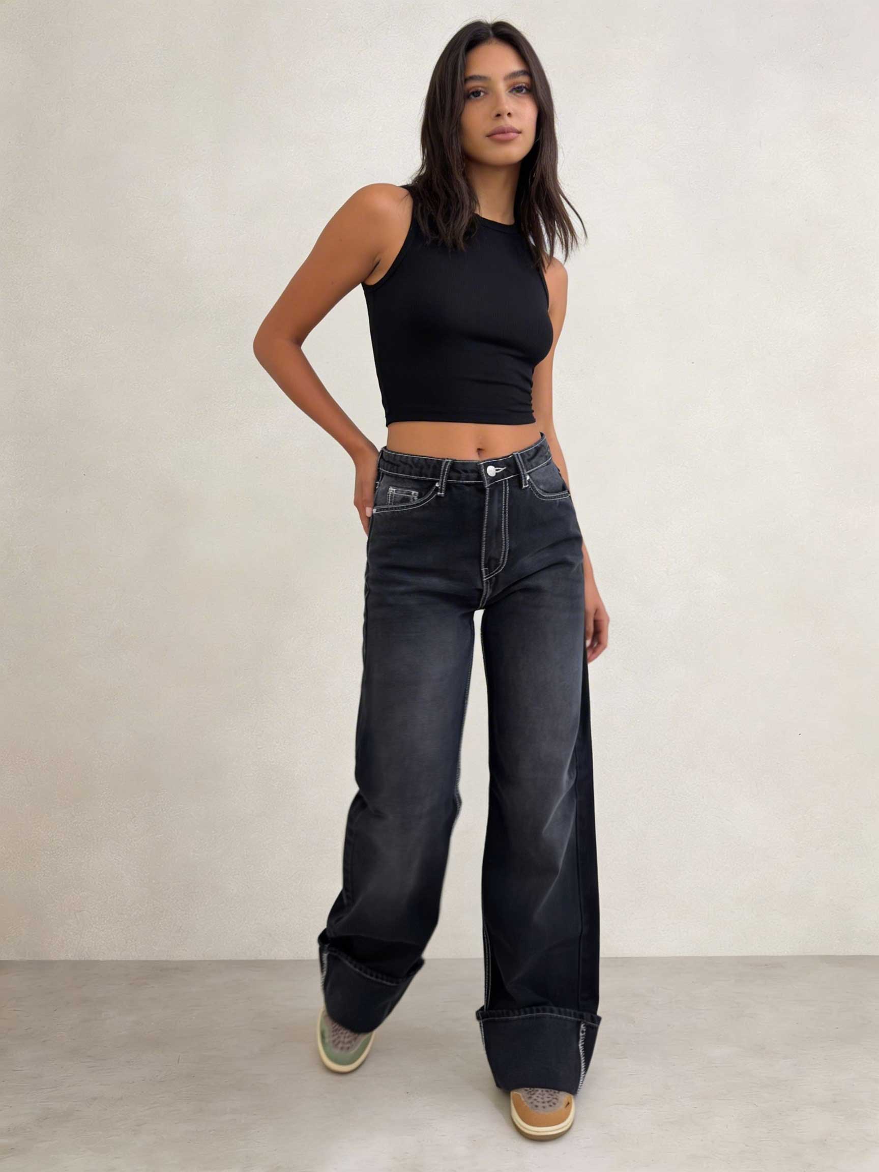 Baggy – High-Waist Black Raw Denim Jeans Baggy CIZARO - Cizaro Jeans