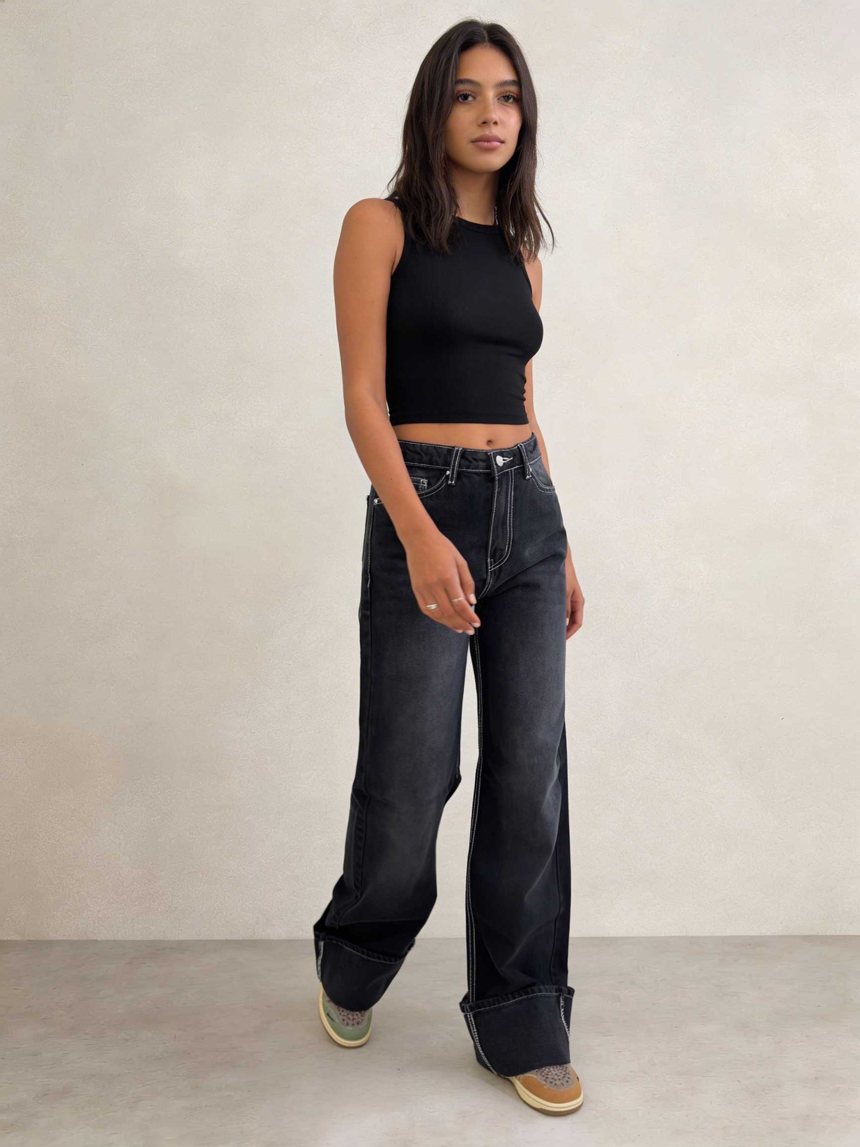 Baggy – High-Waist Black Raw Denim Jeans Baggy CIZARO - Cizaro Jeans
