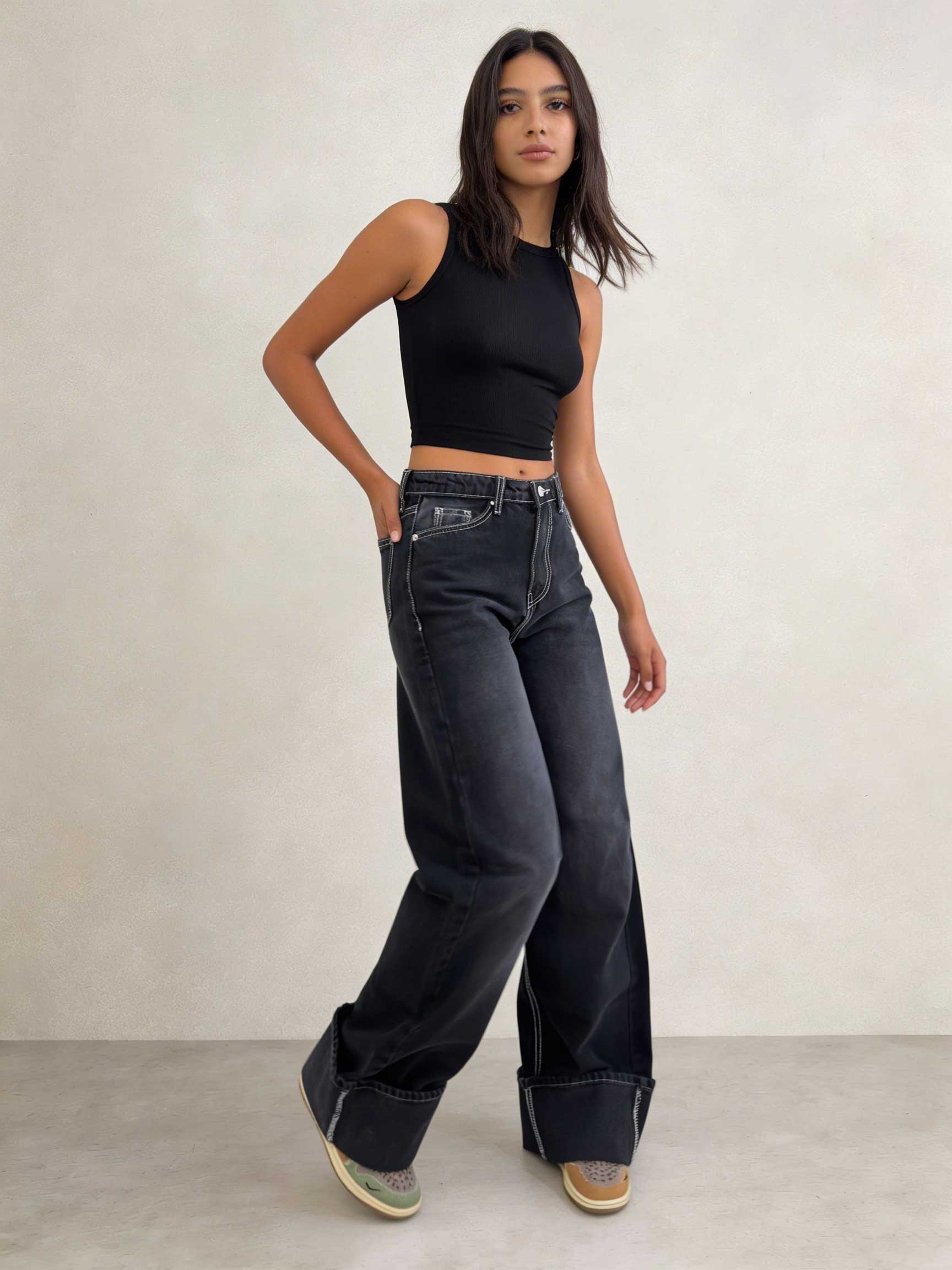 Baggy – High-Waist Black Raw Denim Jeans Baggy CIZARO - Cizaro Jeans