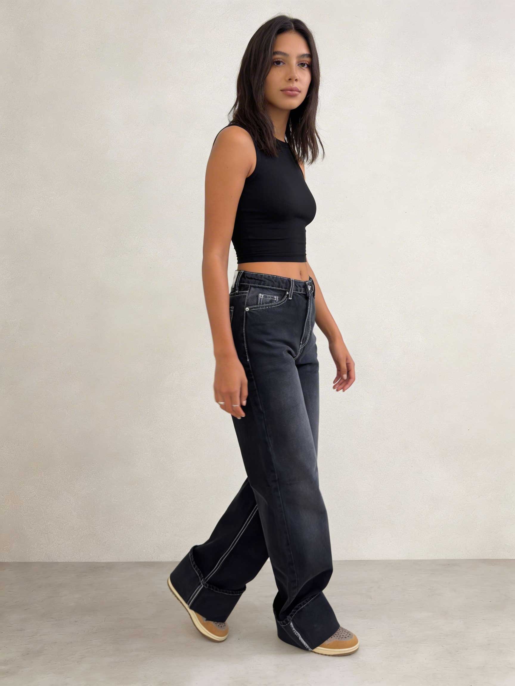 Baggy – High-Waist Black Raw Denim Jeans Baggy CIZARO - Cizaro Jeans