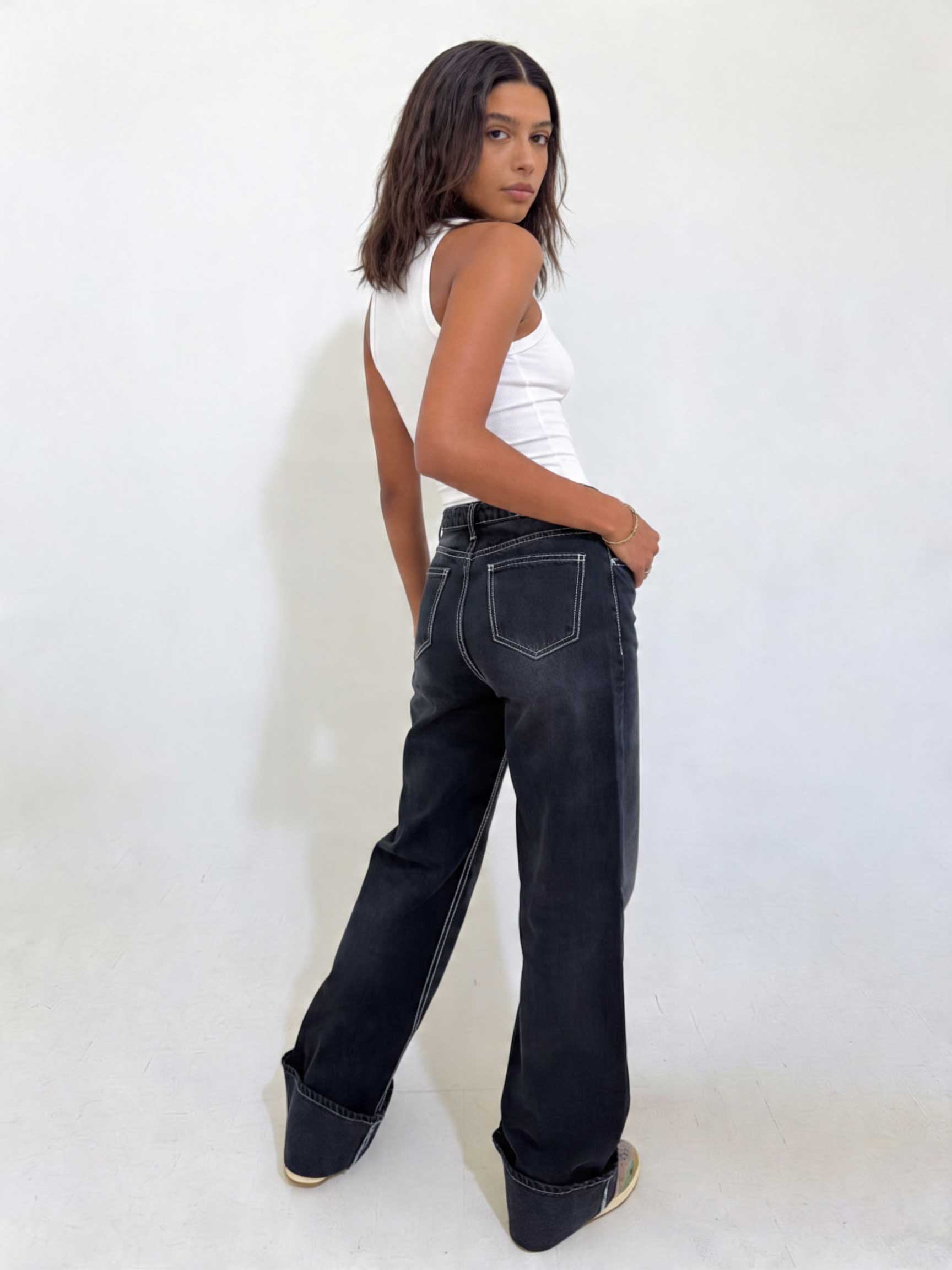 Baggy High waist Deep Washed Charcoal Baggy CIZARO - Cizaro Jeans