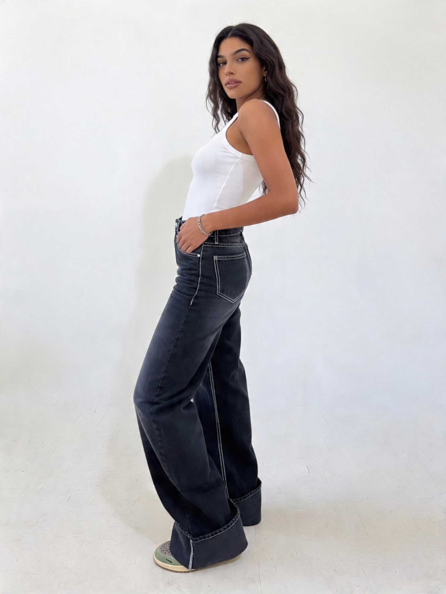 Baggy High waist Deep Washed Charcoal Baggy CIZARO - Cizaro Jeans
