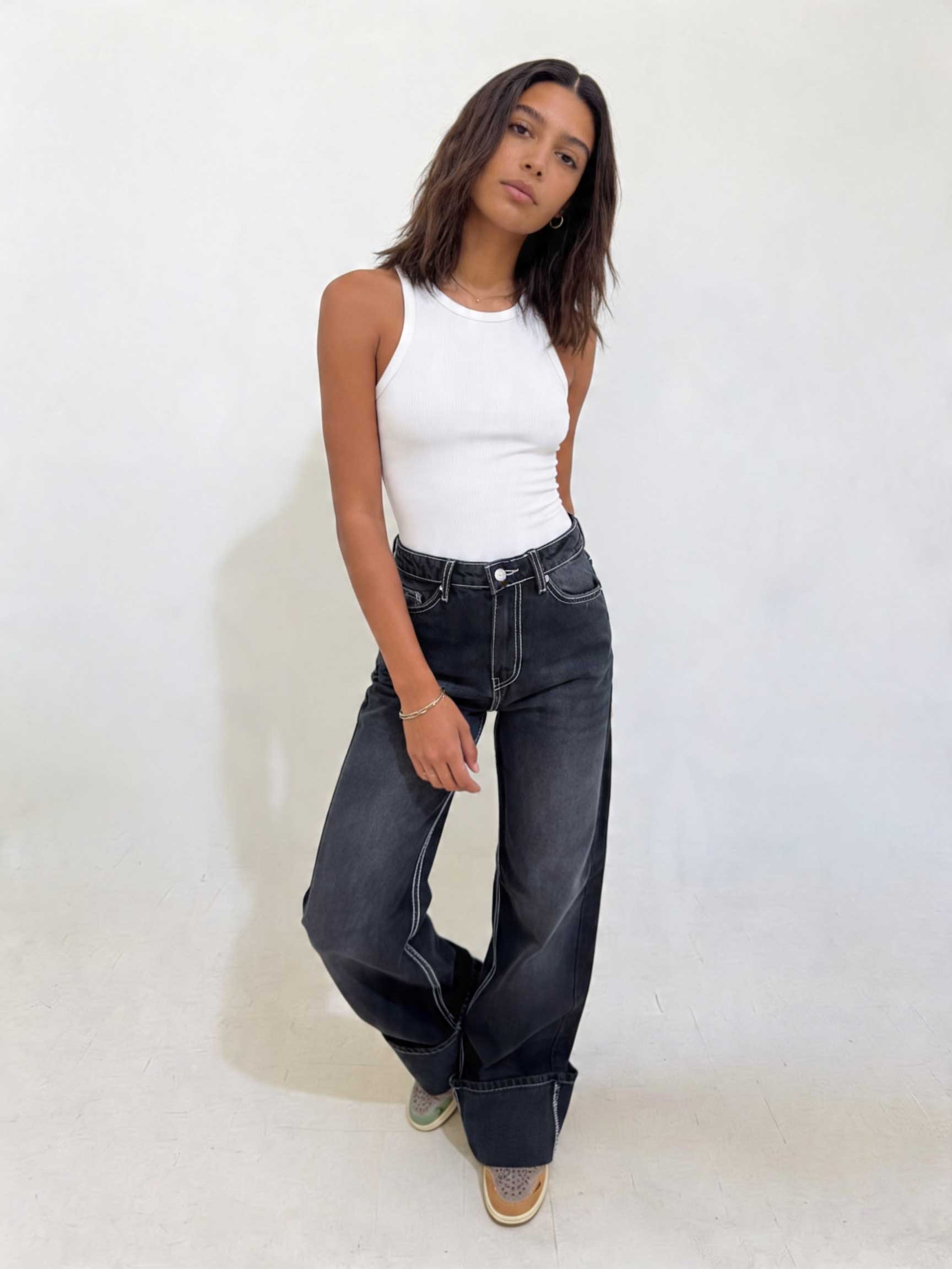 Baggy High waist Deep Washed Charcoal Baggy CIZARO - Cizaro Jeans