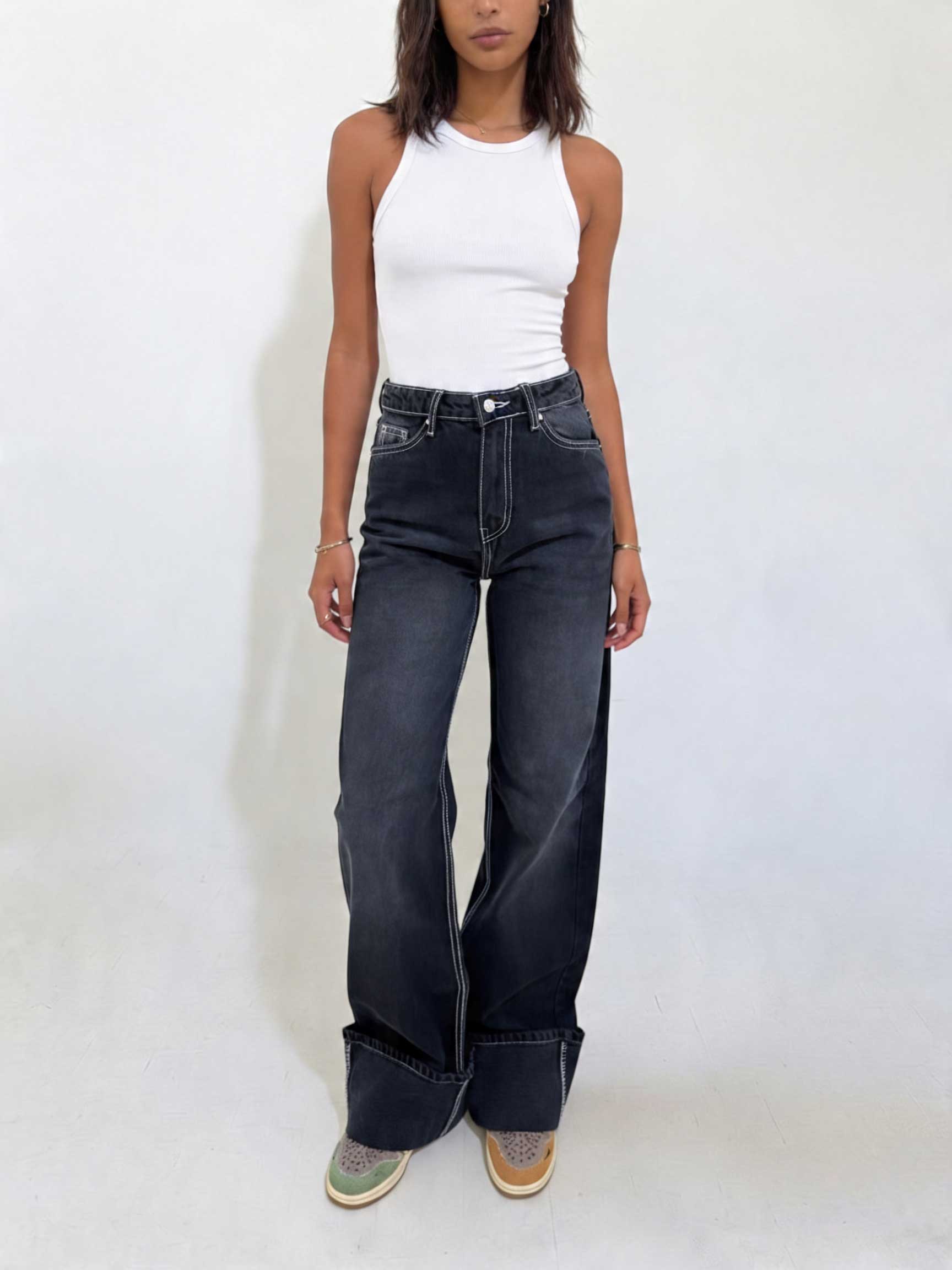 Baggy High waist Deep Washed Charcoal Baggy CIZARO - Cizaro Jeans