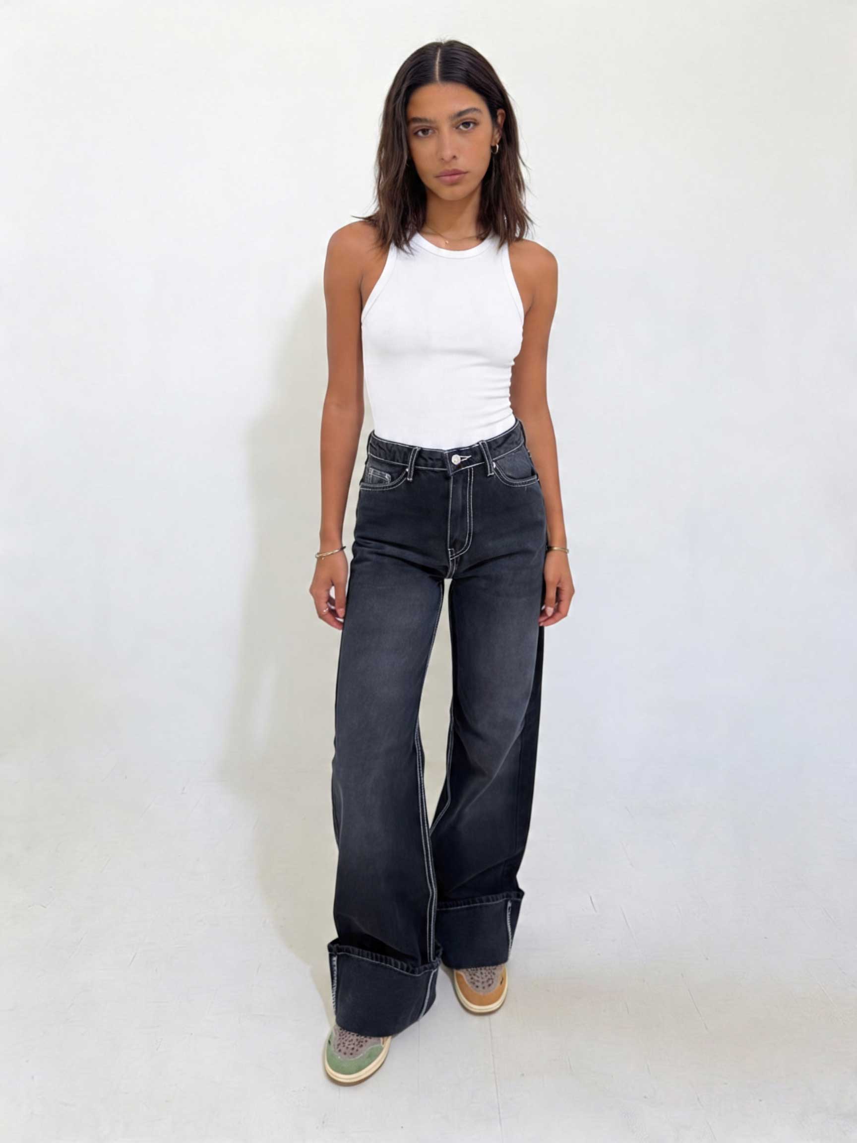 Baggy High waist Deep Washed Charcoal Baggy CIZARO - Cizaro Jeans