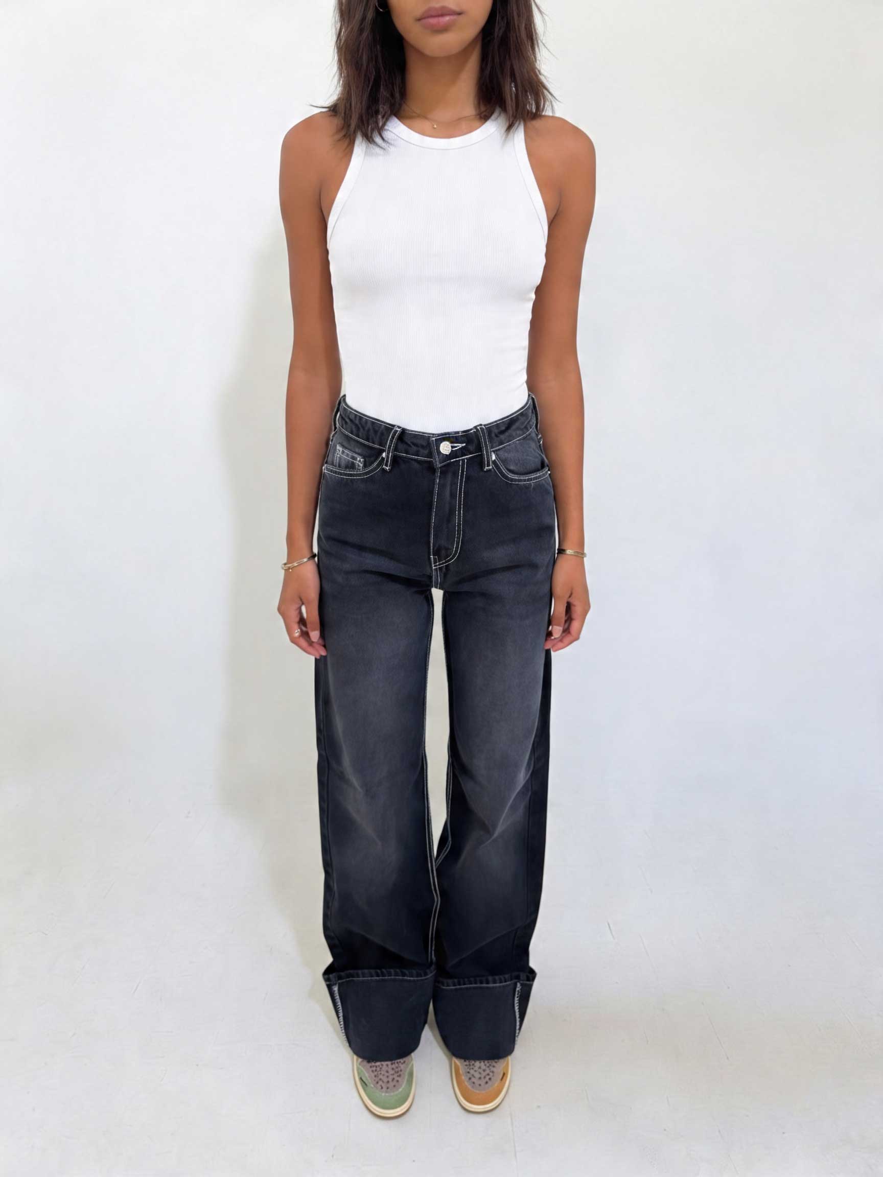 Baggy High waist Deep Washed Charcoal Baggy CIZARO - Cizaro Jeans