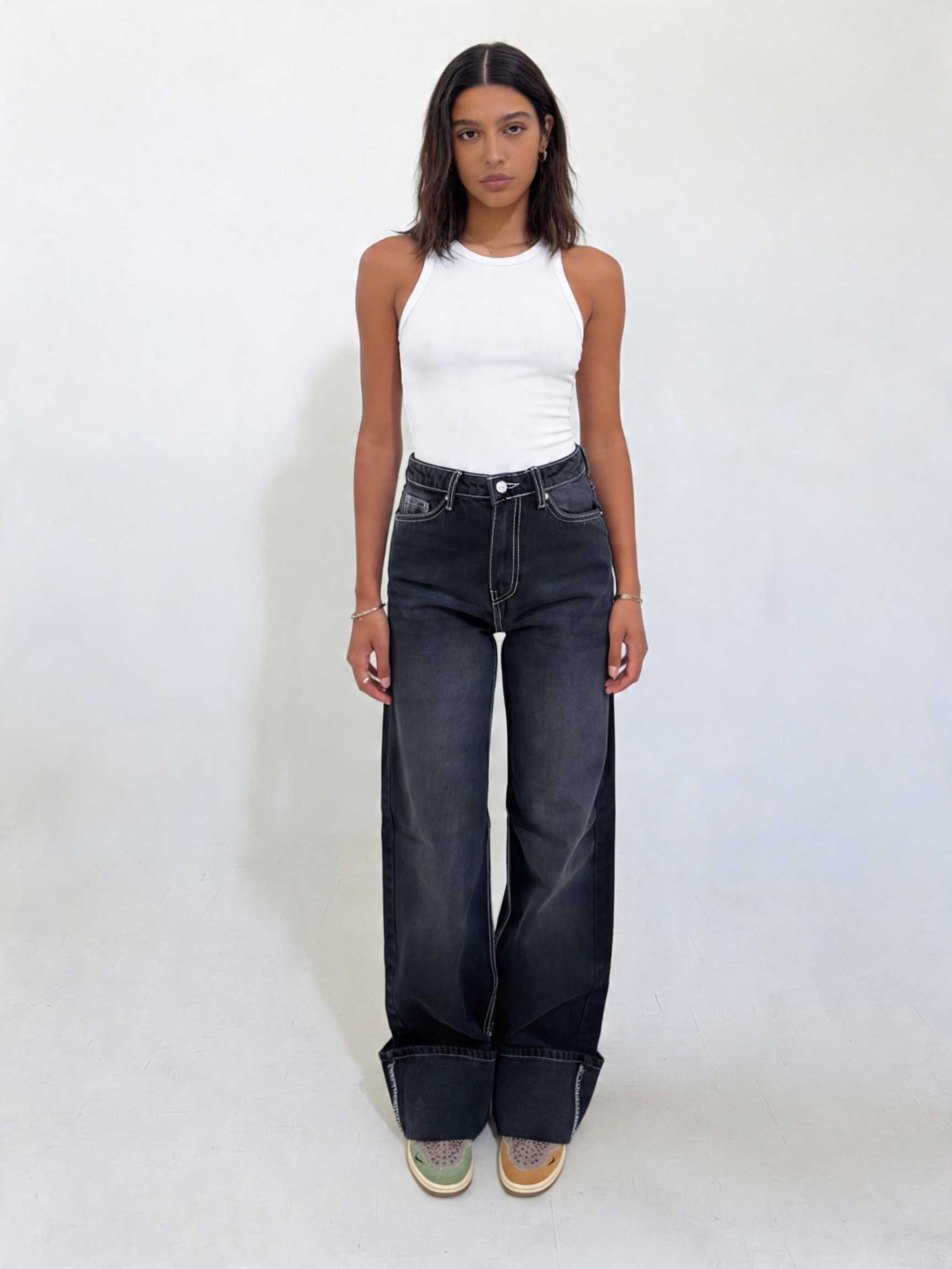 Baggy High waist Deep Washed Charcoal Baggy CIZARO - Cizaro Jeans