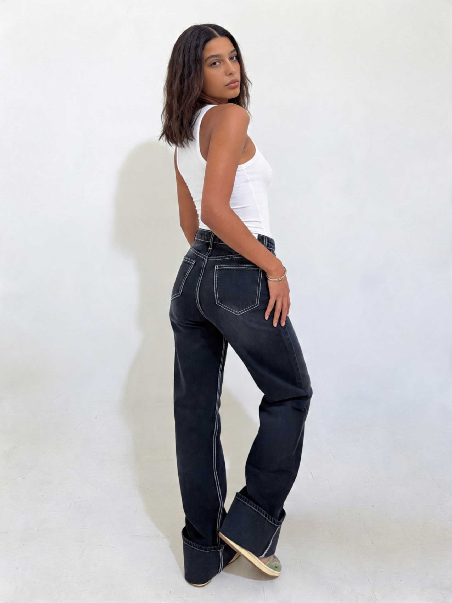 Baggy High waist Deep Washed Charcoal Baggy CIZARO - Cizaro Jeans