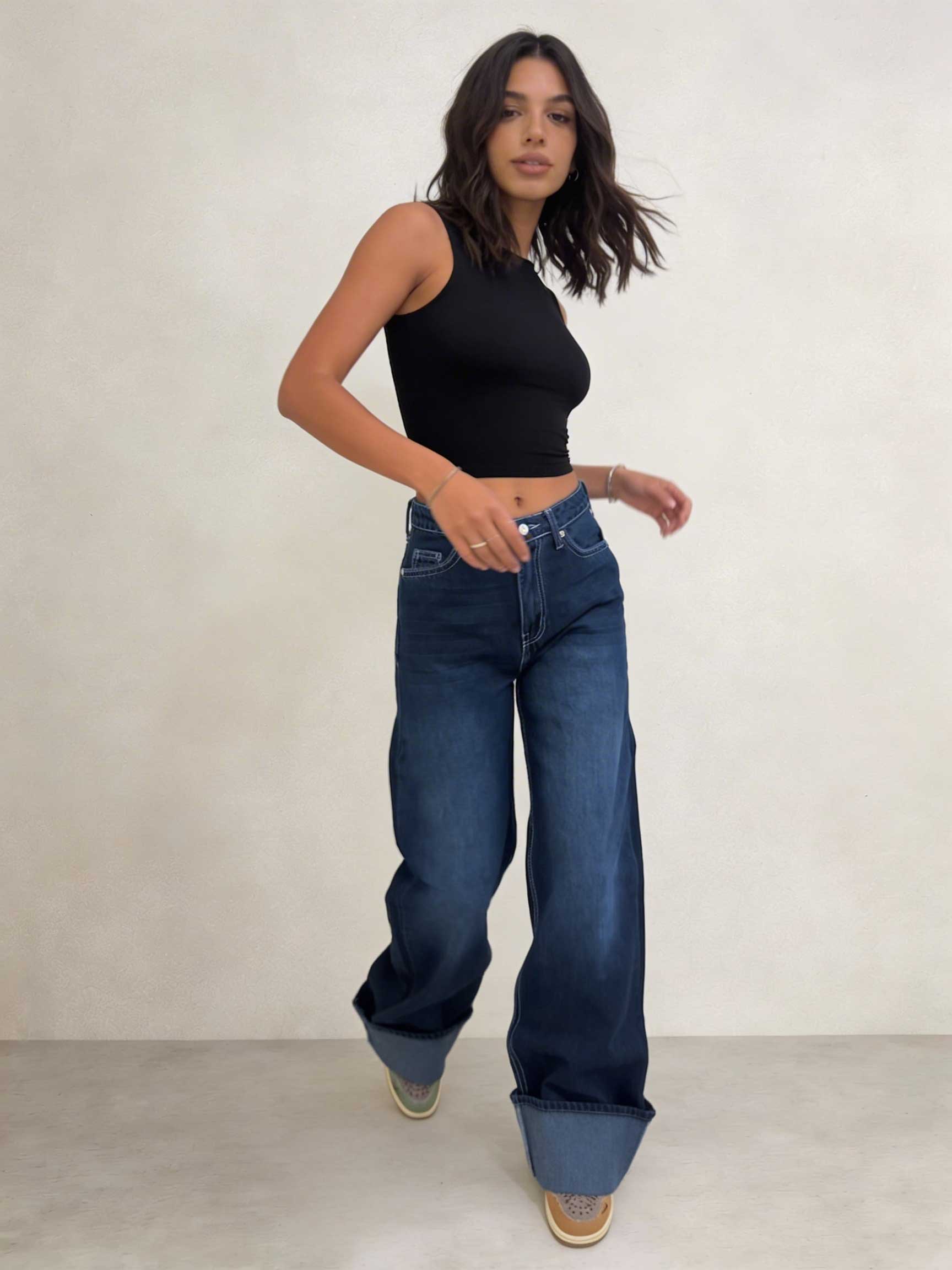 Baggy – High-Waist Folded Navy Blue Jeans Baggy CIZARO - Cizaro Jeans