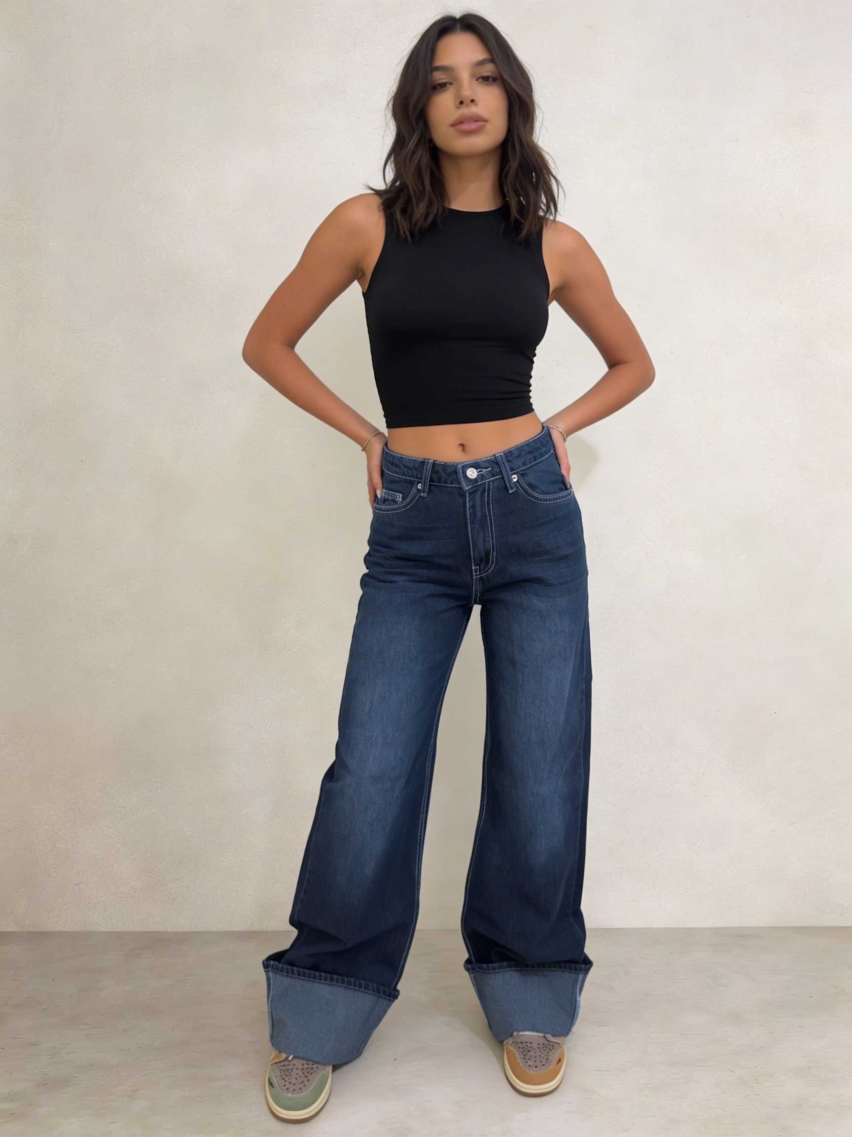 Baggy – High-Waist Folded Navy Blue Jeans Baggy CIZARO - Cizaro Jeans