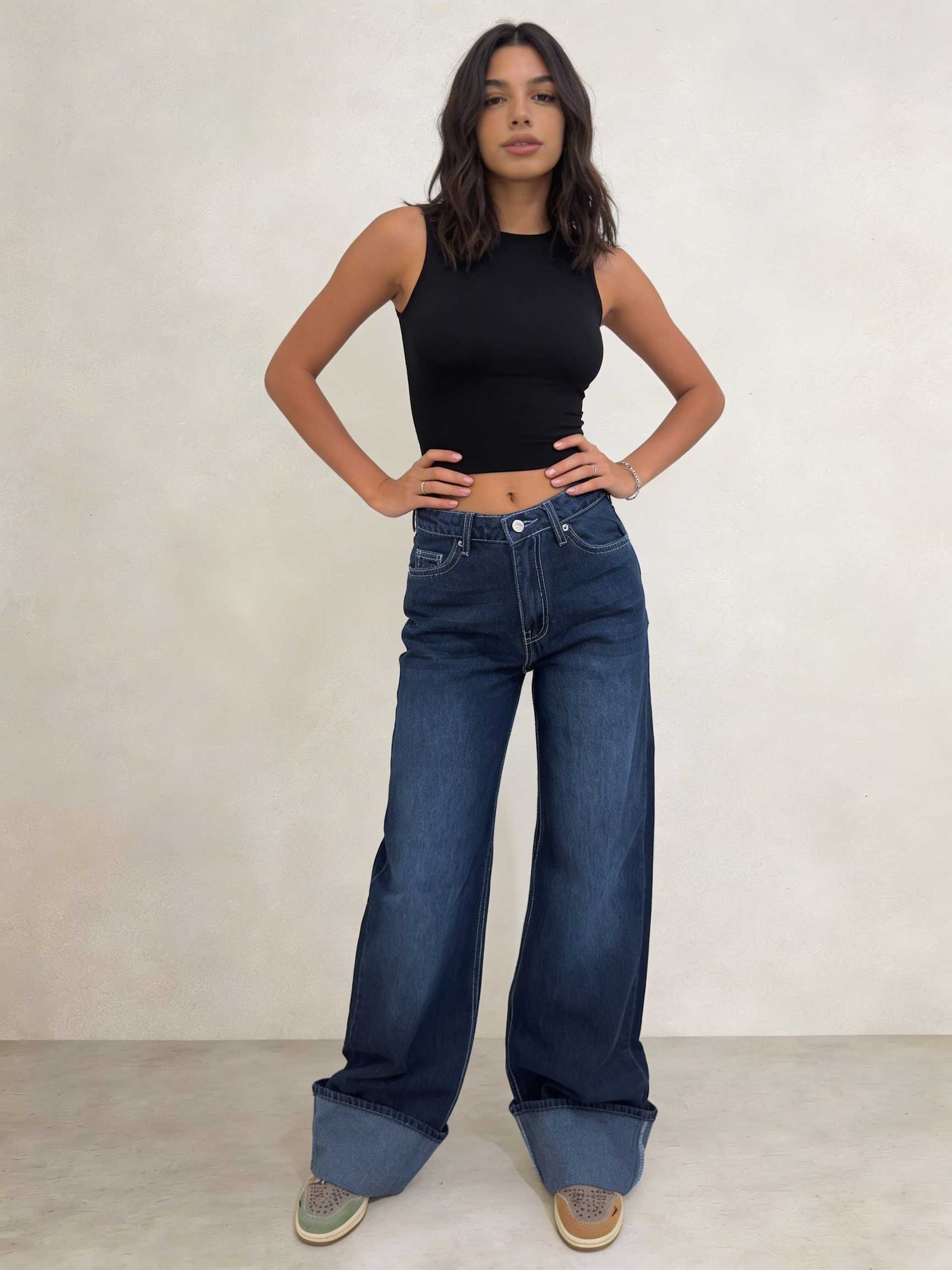 Baggy – High-Waist Folded Navy Blue Jeans Baggy CIZARO - Cizaro Jeans