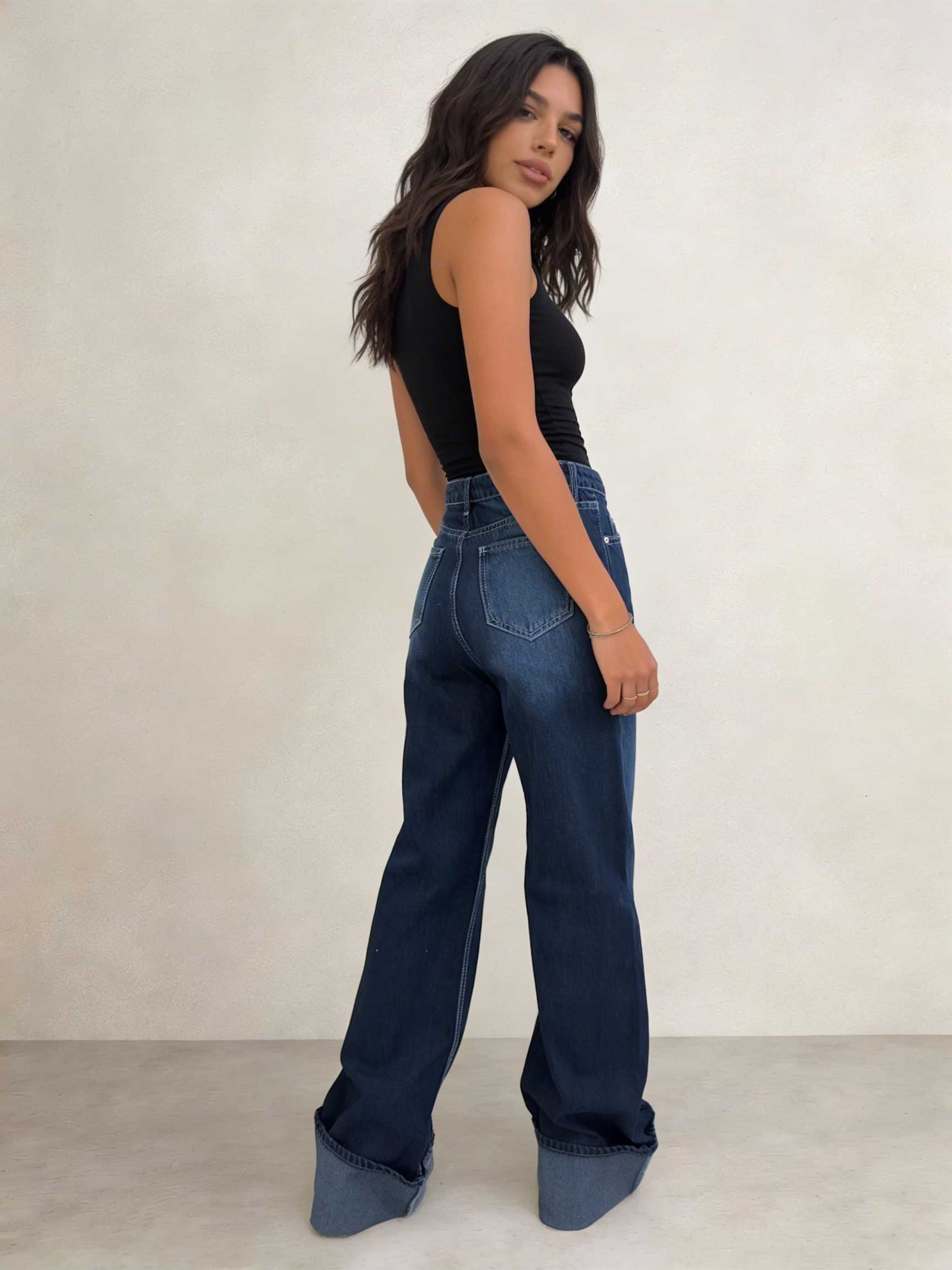 Baggy – High-Waist Folded Navy Blue Jeans Baggy CIZARO - Cizaro Jeans
