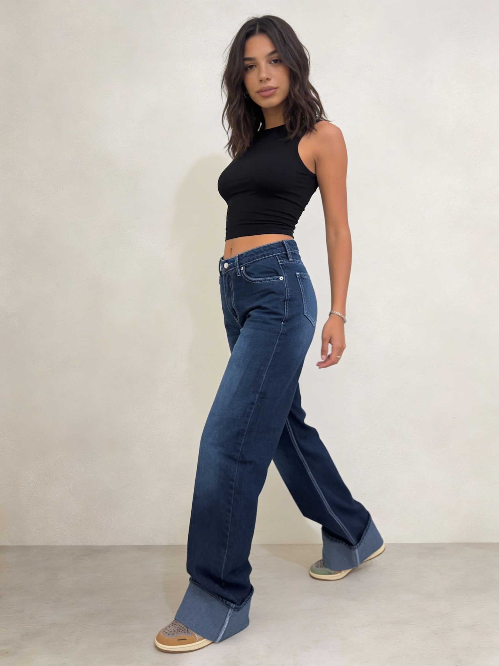 Baggy – High-Waist Folded Navy Blue Jeans Baggy CIZARO - Cizaro Jeans