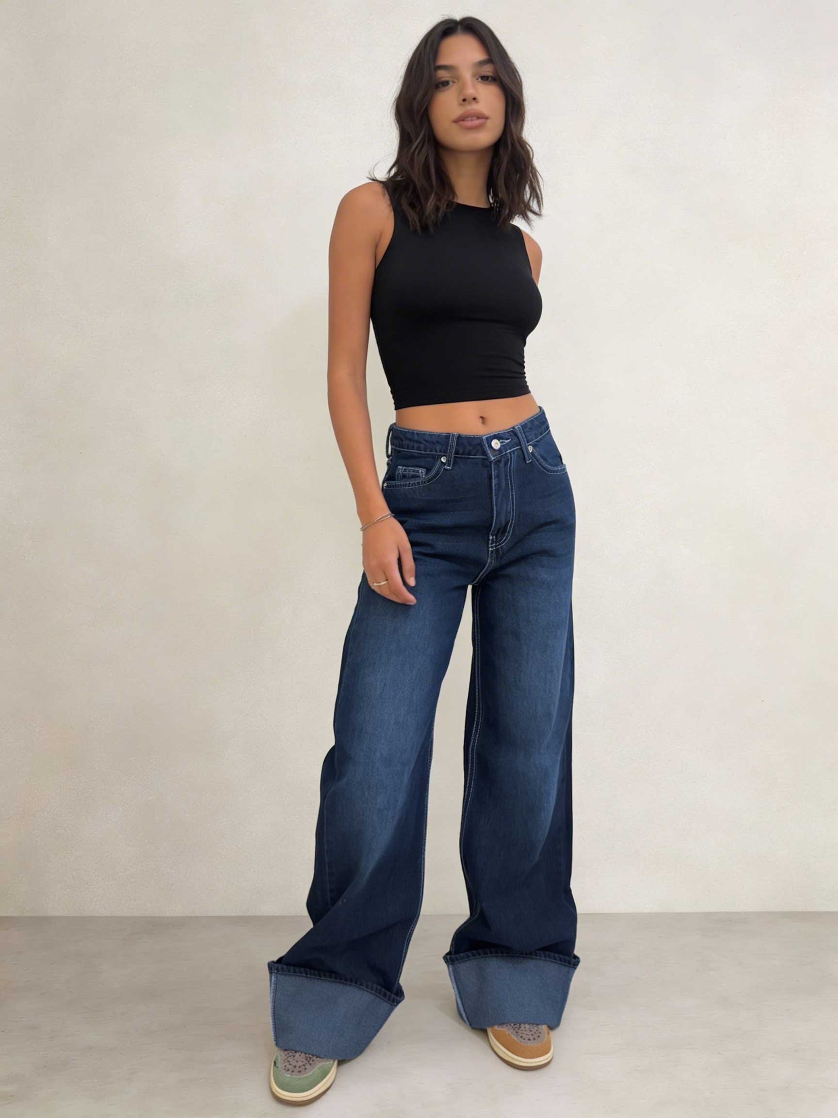 Baggy – High-Waist Folded Navy Blue Jeans Baggy CIZARO - Cizaro Jeans
