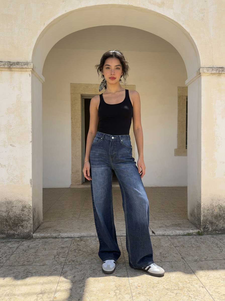 Baggy – High-Waist Flex Waist Mid Royal Blue Jeans Baggy - flex waist CIZARO - Cizaro Jeans