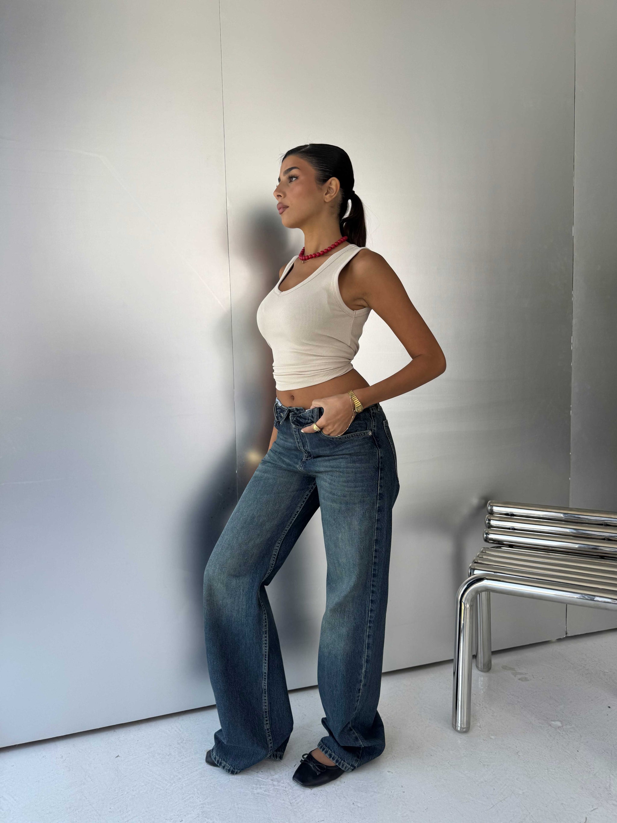 Folded Waistband Baggy – Low-Waist Dark Vintage Green Jeans