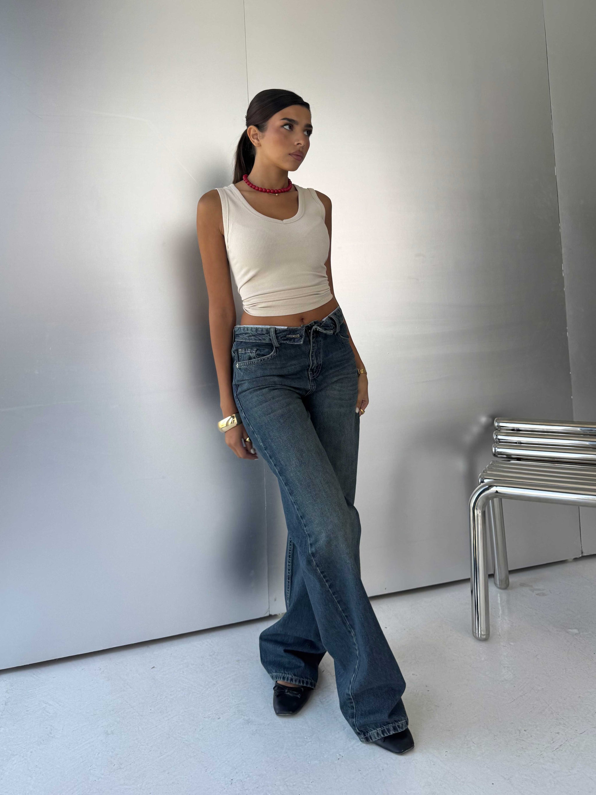 Folded Waistband Baggy – Low-Waist Dark Vintage Green Jeans