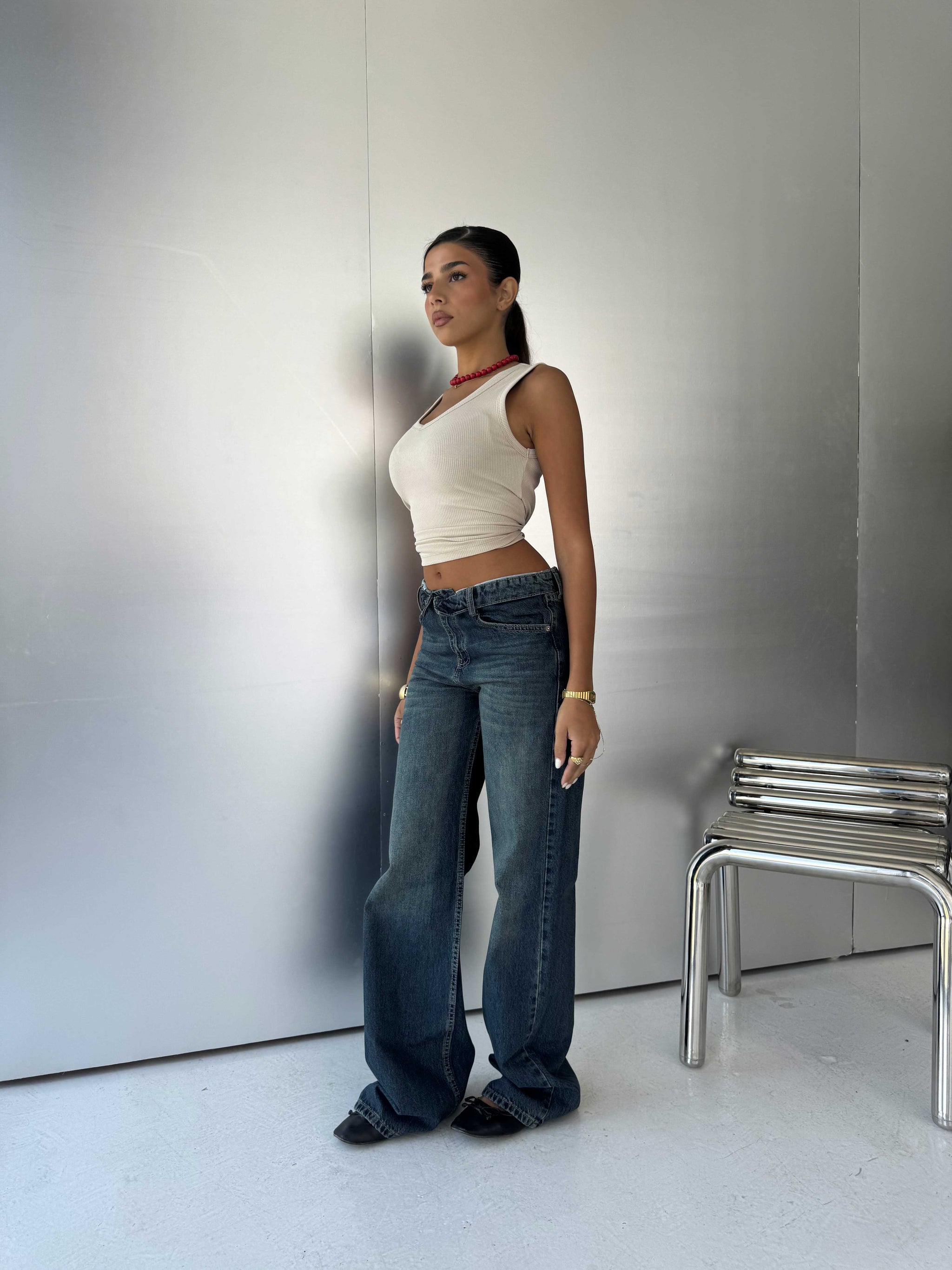 Folded Waistband Baggy – Low-Waist Dark Vintage Green Jeans