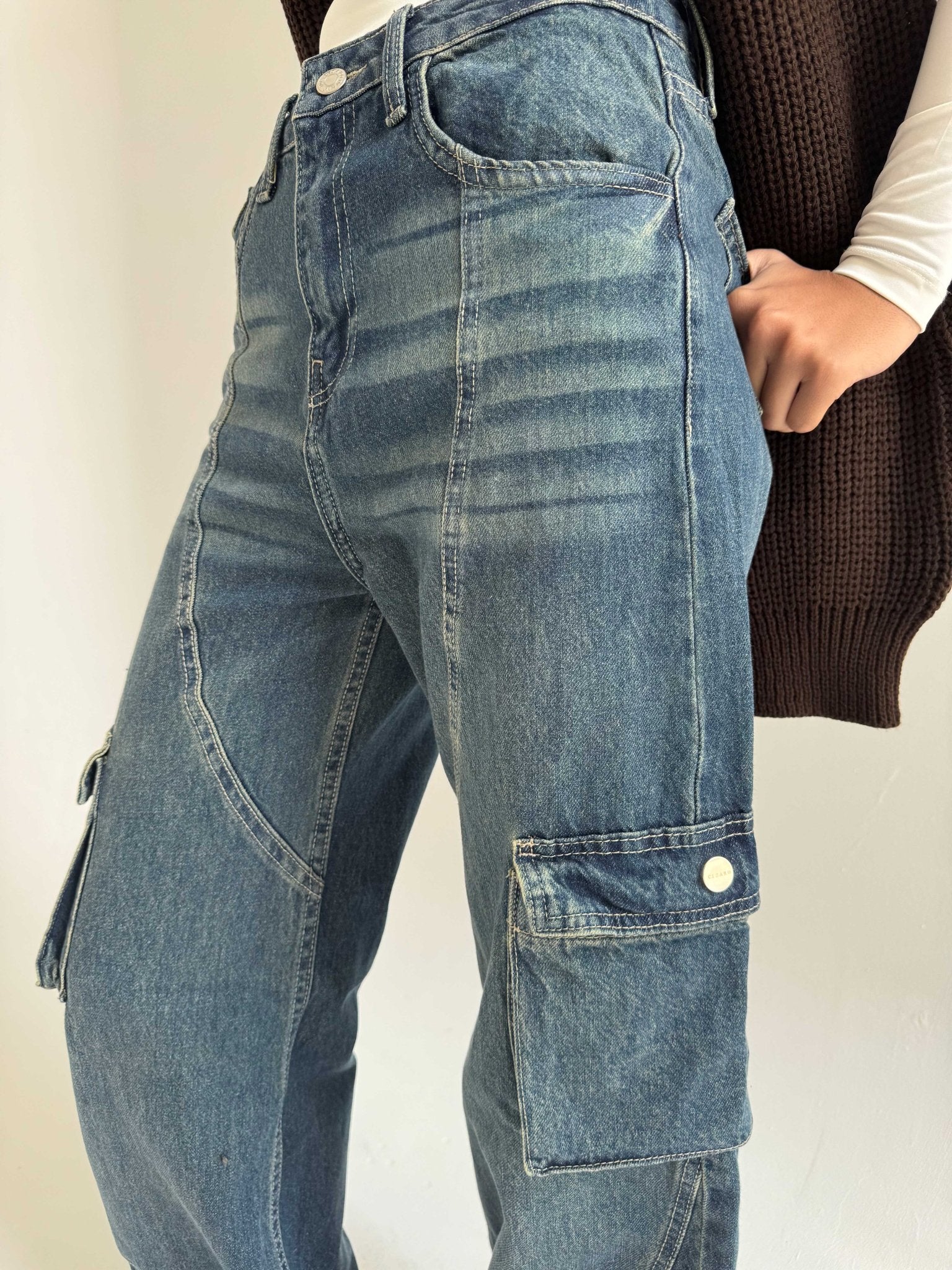 Cargo – Mid-Rise Deep Vintage Blue Jeans Cargo CIZARO - Cizaro Jeans