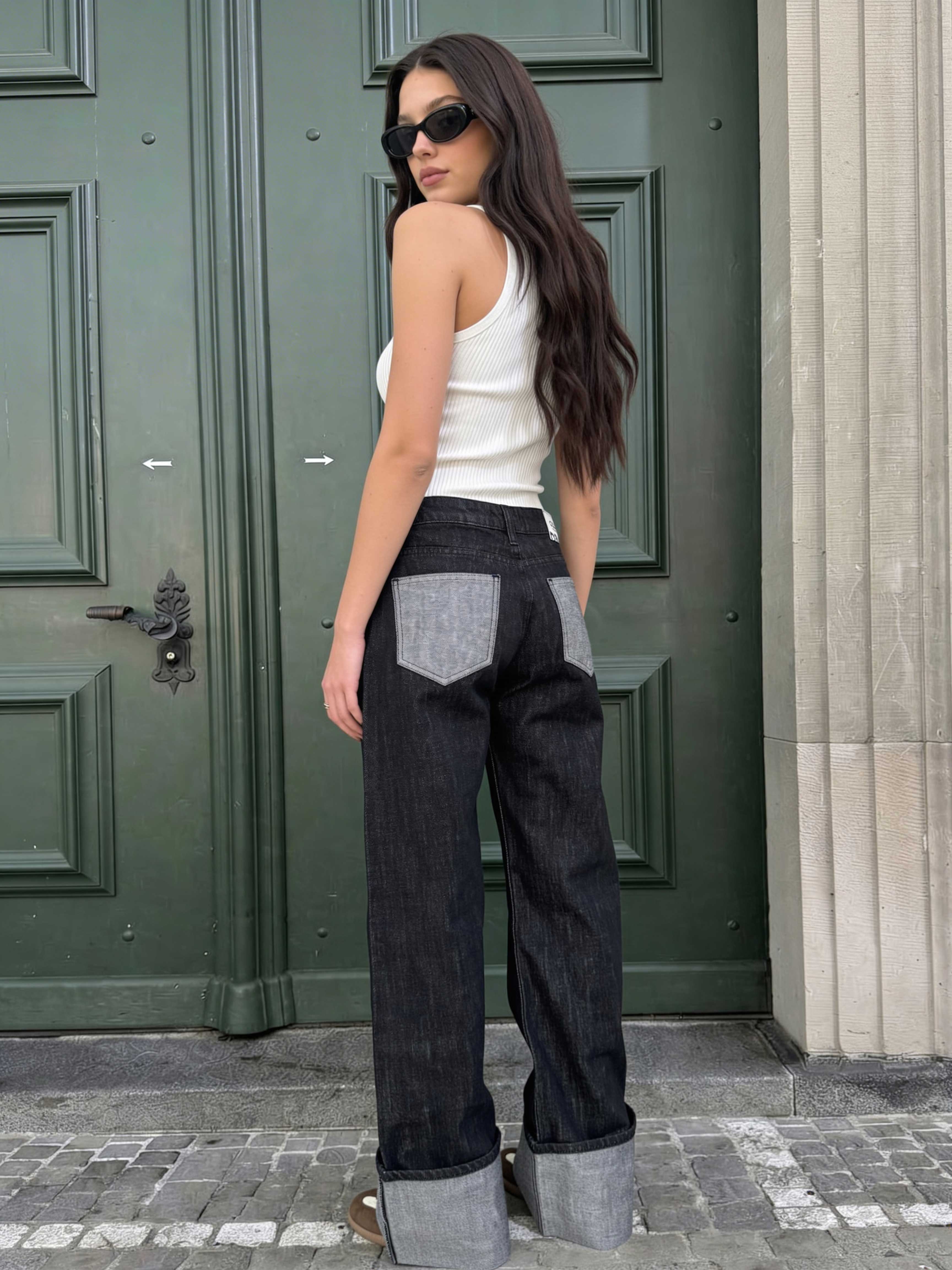 Baggy – Low-Waist Folded Black Raw Denim Jeans Baggy CIZARO - Cizaro Jeans