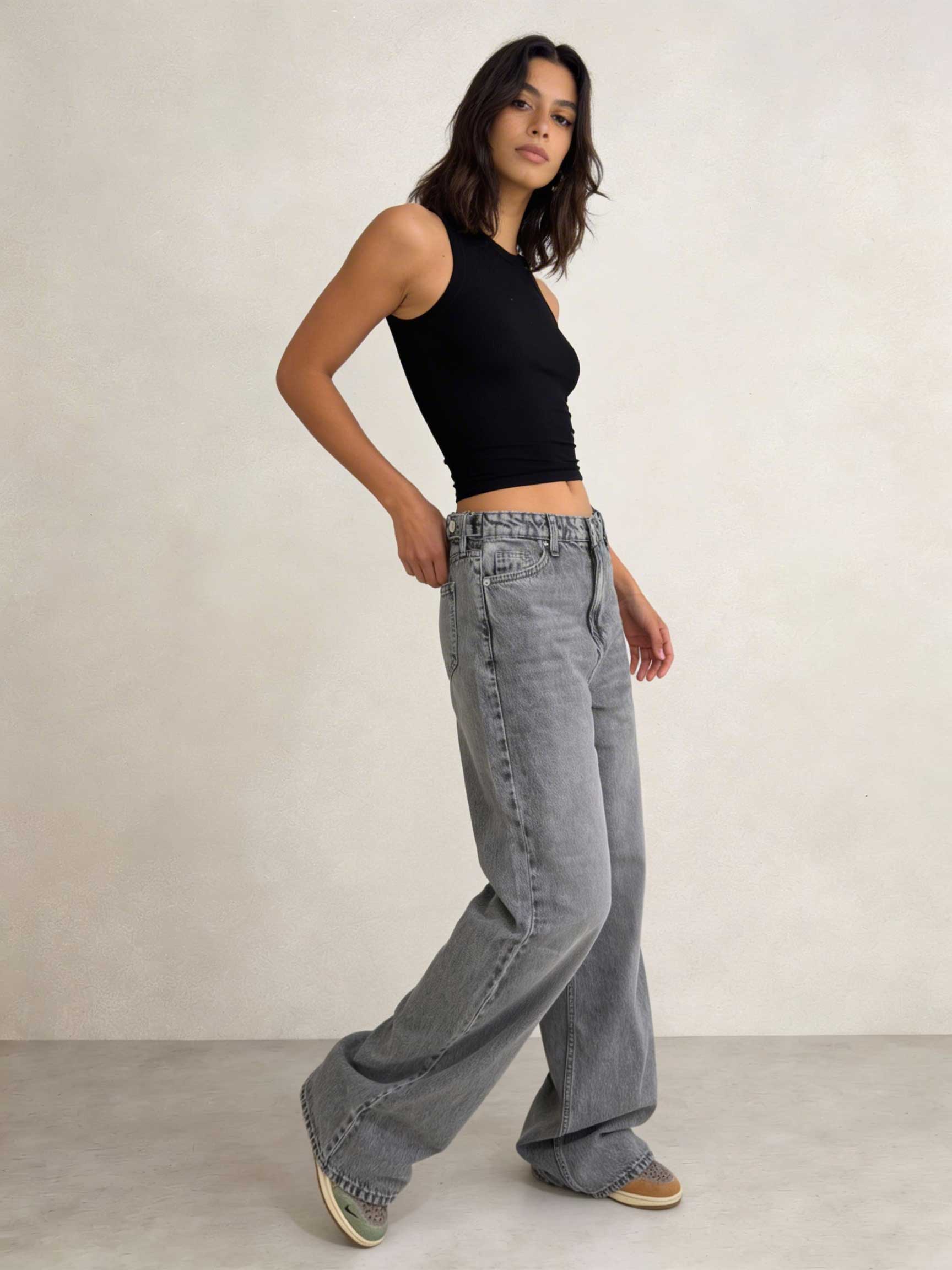 Baggy – High-Waist Flex-Waist Mid Acid Washed Grey Jeans Baggy CIZARO - Cizaro Jeans