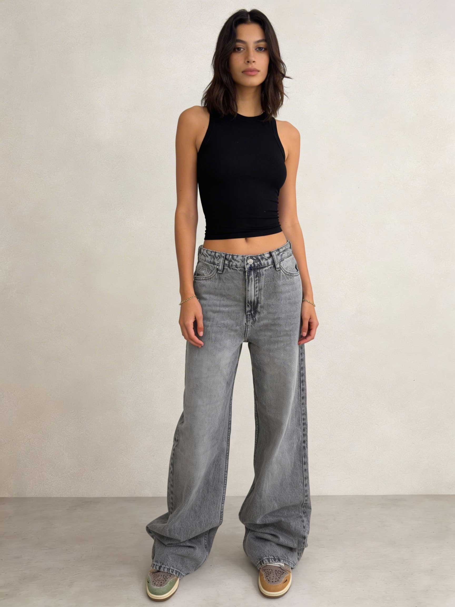 Baggy – High-Waist Flex-Waist Mid Acid Washed Grey Jeans Baggy CIZARO - Cizaro Jeans